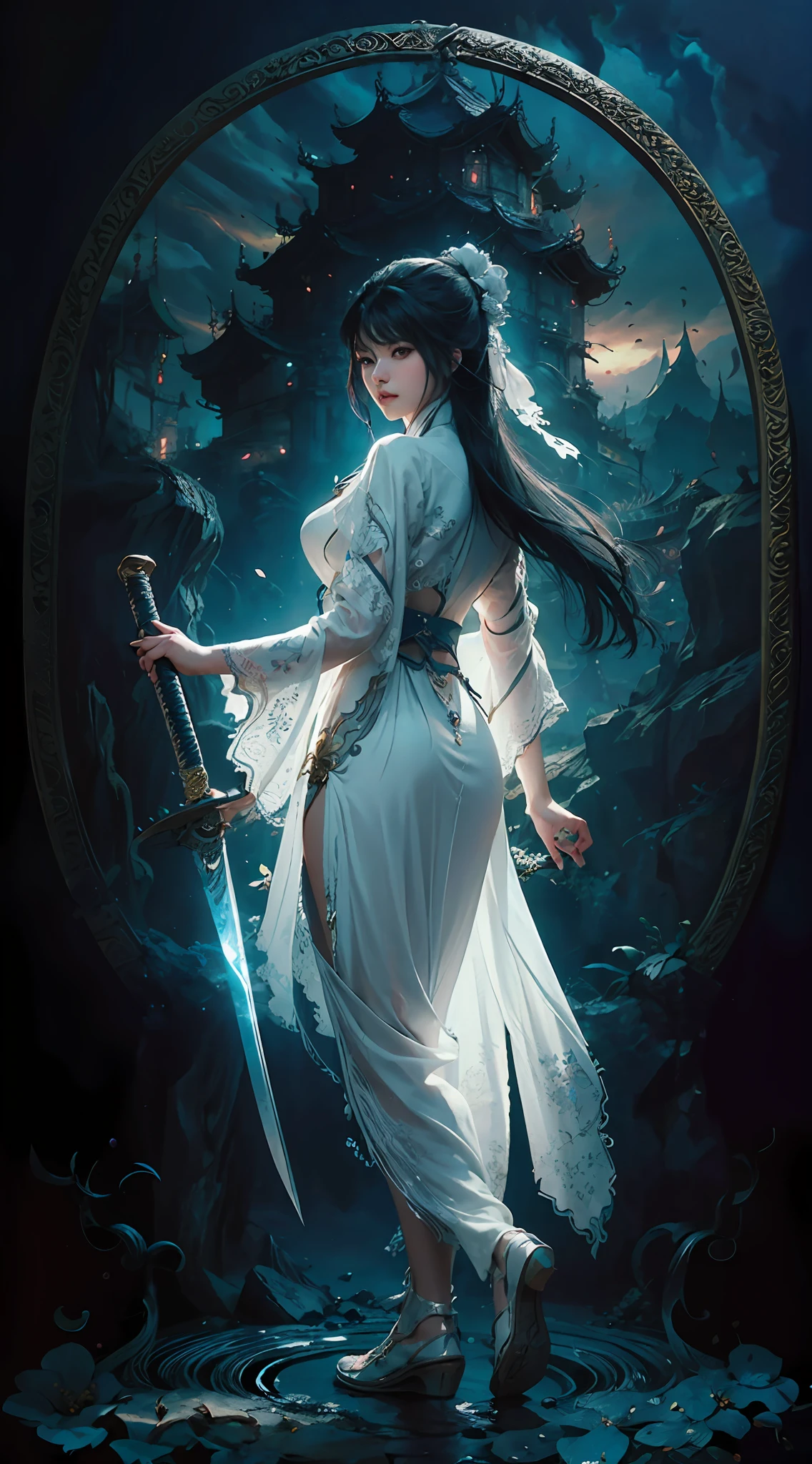 a close up of a woman with a sword in a white dress, a character portrait by Yang J, trending on cgsociety, fantasy art, beautiful character painting, artwork in the style of guweiz, guweiz, white hanfu, flowing white robes, full body wuxia, epic exquisite character art, stunning character art, beautiful female assassin --auto