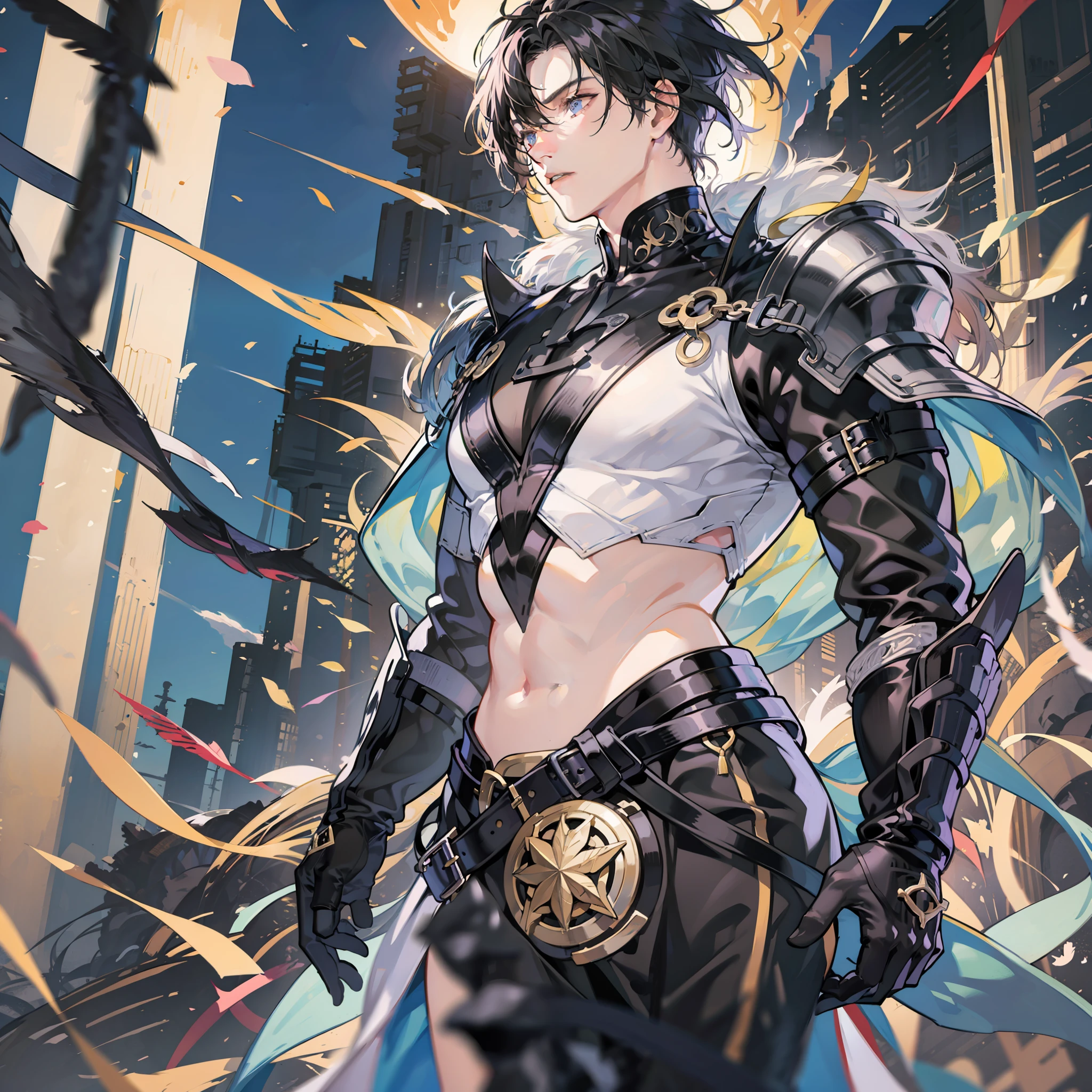 black hair, short hair, serious, anime, UHD, textured skin, highres, high details, ccurate，male people，Trafalgaro，solo person，full bodyesbian，Exocet suit，ancient wind