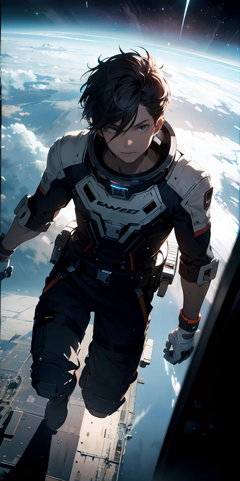 absurd resolution, high resolution, (masterpiece: 1.4), ultra-detailed, 1boy, from above, space, floating