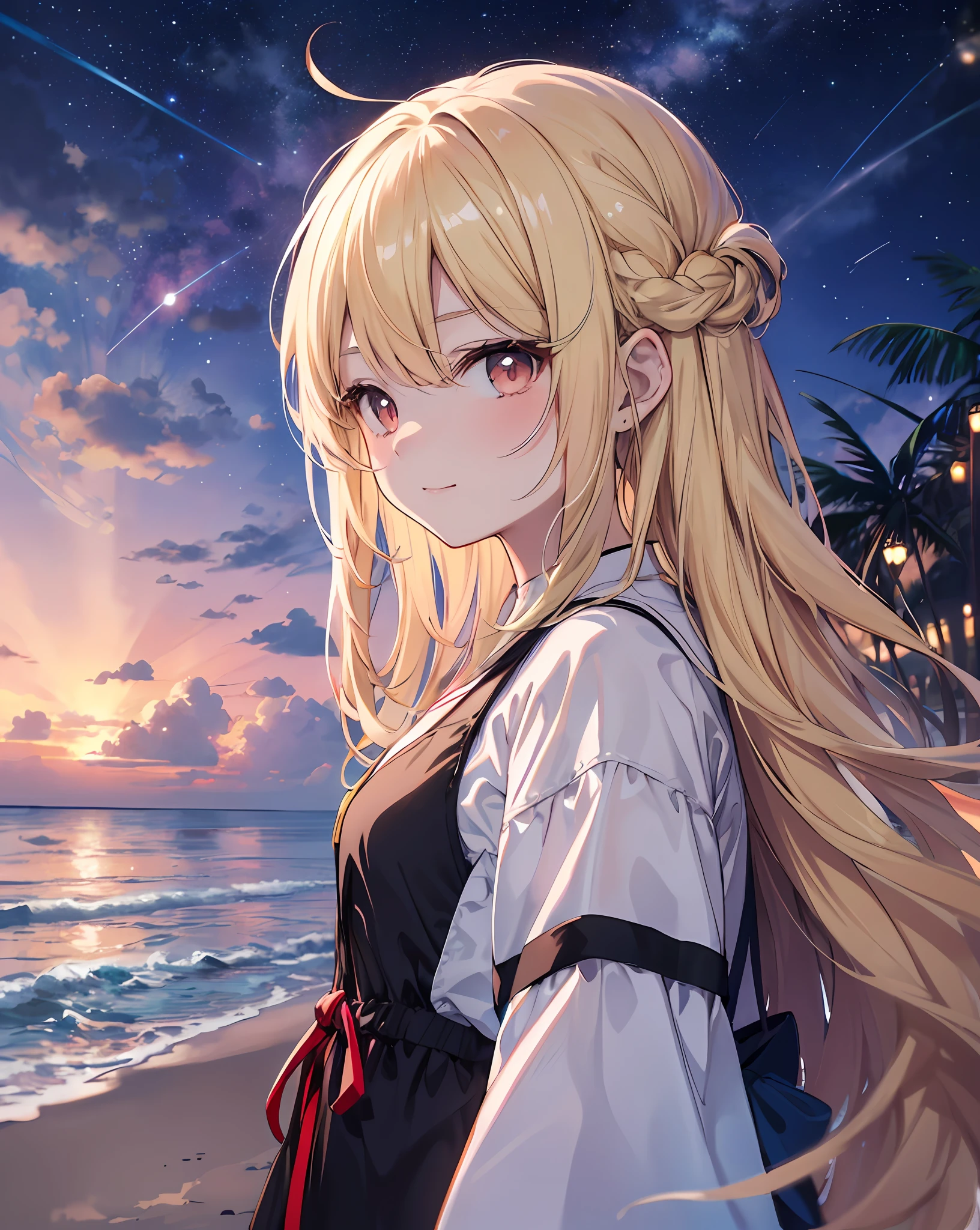 anime girl with long blonde hair standing on the beach at sunset, Blonde anime girl with long hair, style of anime4 K, a beautiful anime portrait, 4K anime wallpaper, Anime wallpaper 4k, Anime wallpaper 4 k, Anime art wallpaper 4 K, Anime art wallpaper 4k, Anime art wallpaper 8 K,  Kantai collection style