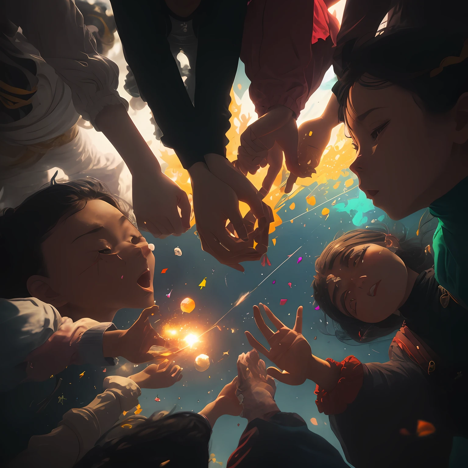 The image should showcase a diverse group of people interacting peacefully and respectfully.
The people in the image should be engaged in activities that encourage understanding, empathy, and personal growth, such as sharing ideas, collaborating, and learning from each other.
The background of the image should represent a harmonious environment, with vibrant colors and symbols that represent unity, compassion, and progress.
Include elements that symbolize the transformation from a negative culture of attacking and criticizing to a positive culture of understanding and support.
The image should evoke a sense of hope, optimism, and the possibility of positive change in society. --auto
