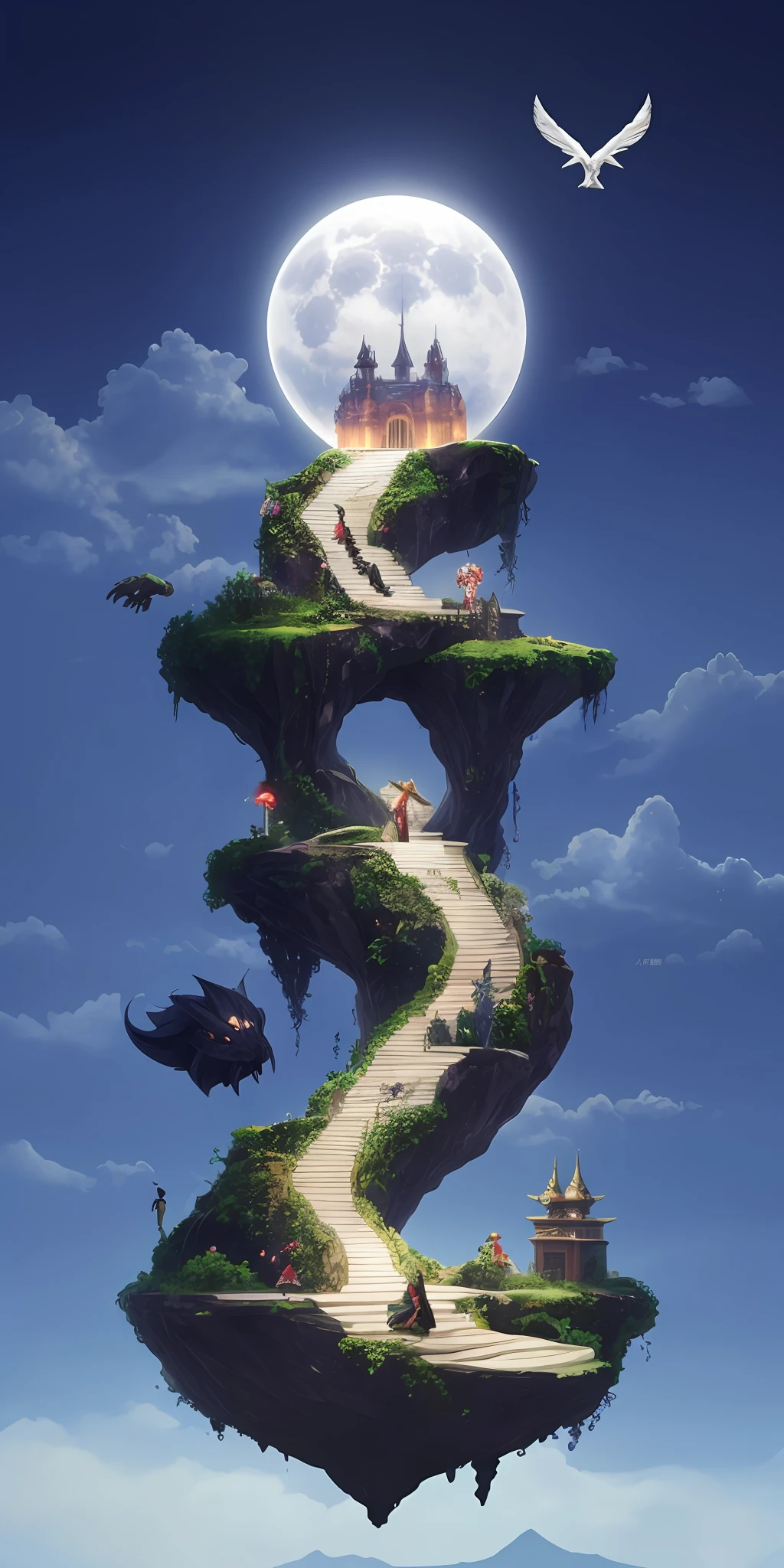 A floating island floating in the air,There is a city of demon kings on the island,There is a demon princess sitting on the edge of the floating island,Next to the Demon Princess stood two guards with knives。