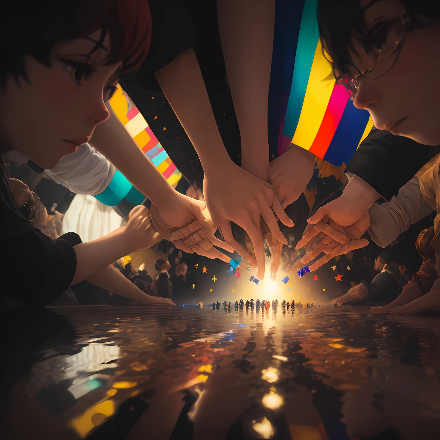 The image should showcase a diverse group of people interacting peacefully and respectfully.
The people in the image should be engaged in activities that encourage understanding, empathy, and personal growth, such as sharing ideas, collaborating, and learning from each other.
The background of the image should represent a harmonious environment, with vibrant colors and symbols that represent unity, compassion, and progress.
Include elements that symbolize the transformation from a negative culture of attacking and criticizing to a positive culture of understanding and support.
The image should evoke a sense of hope, optimism, and the possibility of positive change in society. --auto