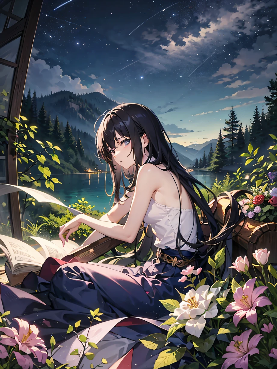 ,巨作, Best quality,8K, 超高分辨率,In a fantastic forest,The protagonist sits in front of a log cabin by the lake,Quietly gaze at the starry sky reflected on the lake。The night breeze blows the protagonist's long hair,The surrounding flowers exude a faint fragrance。The protagonist's eyes reveal loneliness and loss,He found solace in this tranquil environment。