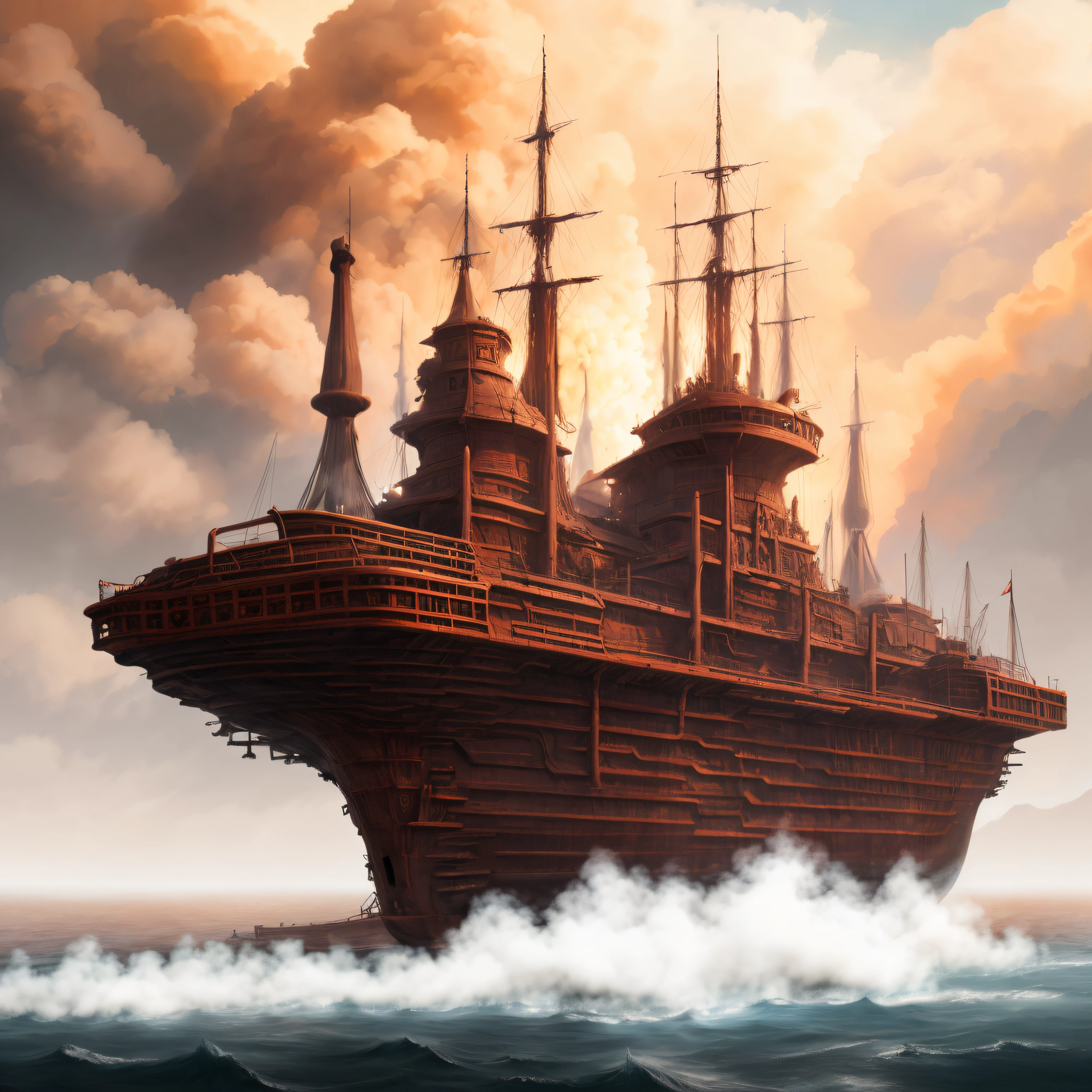 (BoneFortress:1) giant ship structure, body of water, smoke