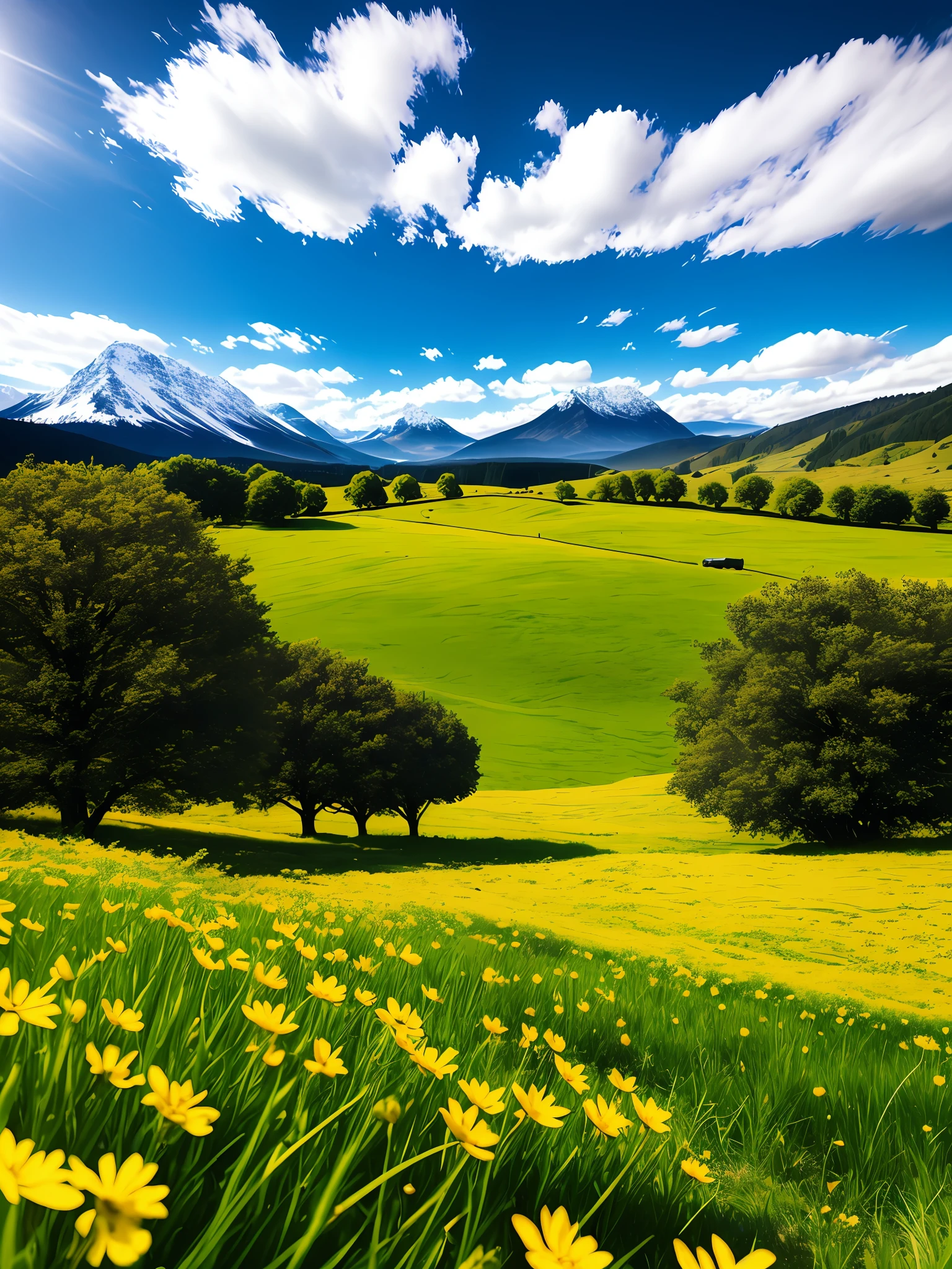 Summer, meadows, few small flowers, clear lakes, sheep, heaven, large clouds, blue sky, hot weather, HD detail, wet watermark, hyper-detail, cinematic, surrealism, soft light, deep field focus bokeh, distant view is snowy mountains, ray tracing, and surrealism. --v6