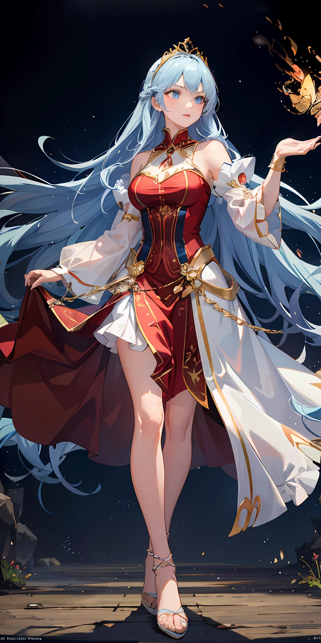Long powder blue hair，Powder blue eyes，Golden butterfly wings，mid-air，Long flowing white dress，divino