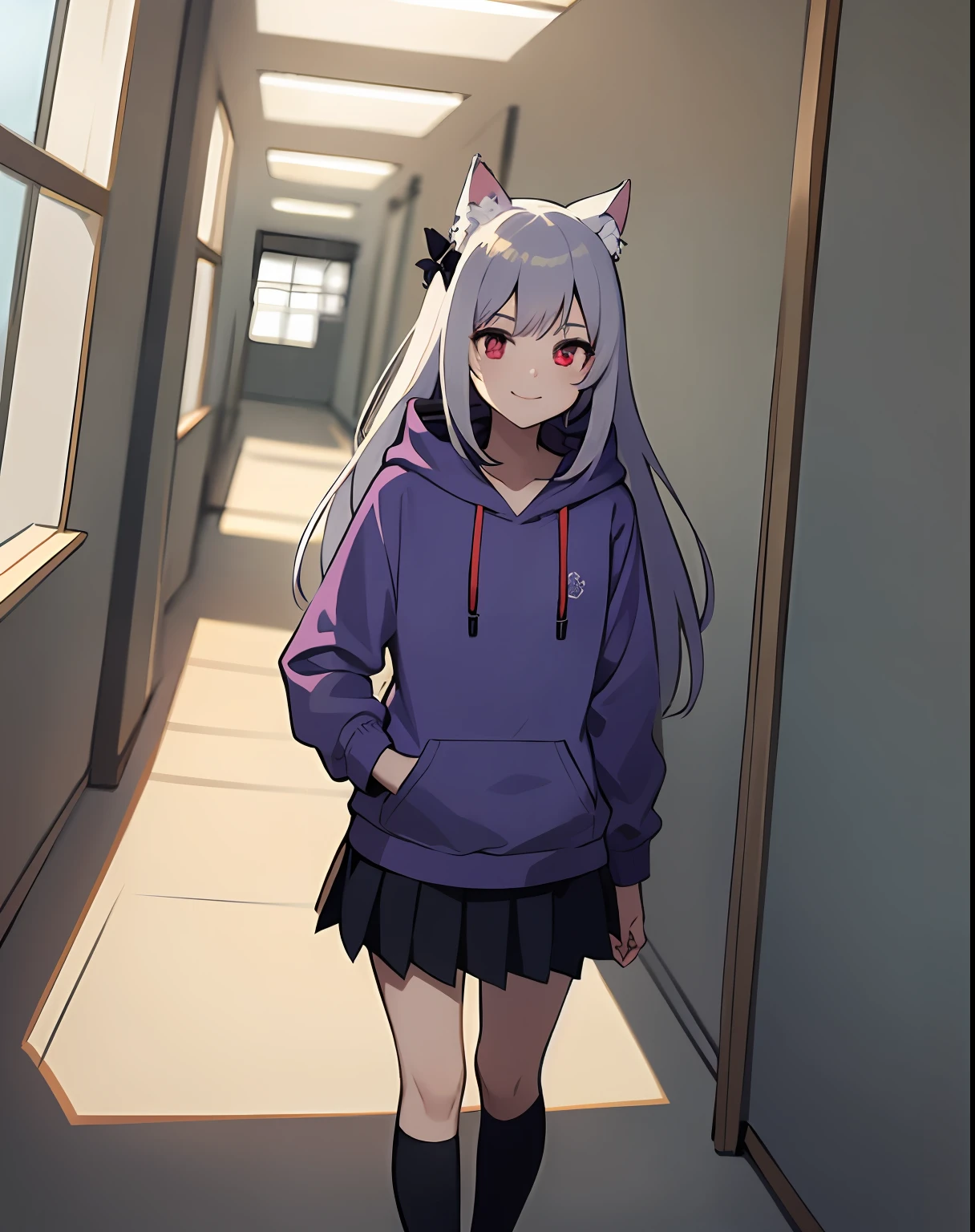 A beautyful girl,Height 154 cm,He has long gray hair,Wearing cat ear decoration,Wearing a triangular hairpin,Has light red eyes,Wearing a black and purple hoodie,Wearing a short black skirt,Wear black calf socks,Wearing small black leather boots,Poor milk,Standing in the corridor of a Japanese school,Smile and beckon
