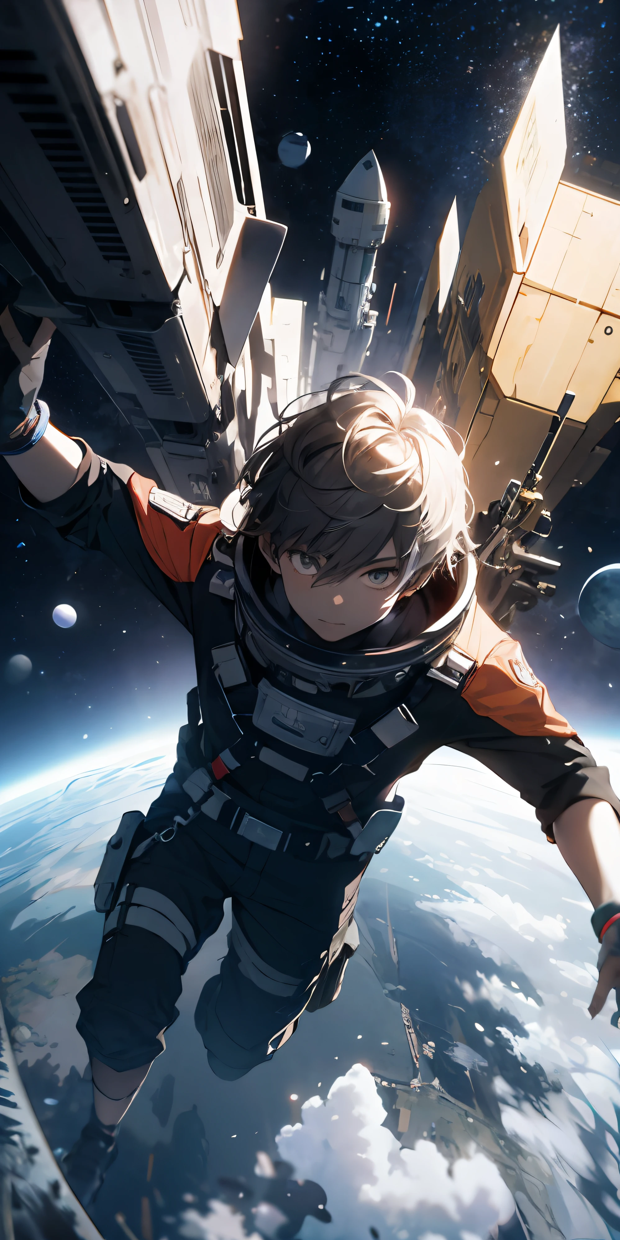 absurd resolution, high resolution, (masterpiece: 1.4), ultra-detailed, 1boy, from above, space, floating