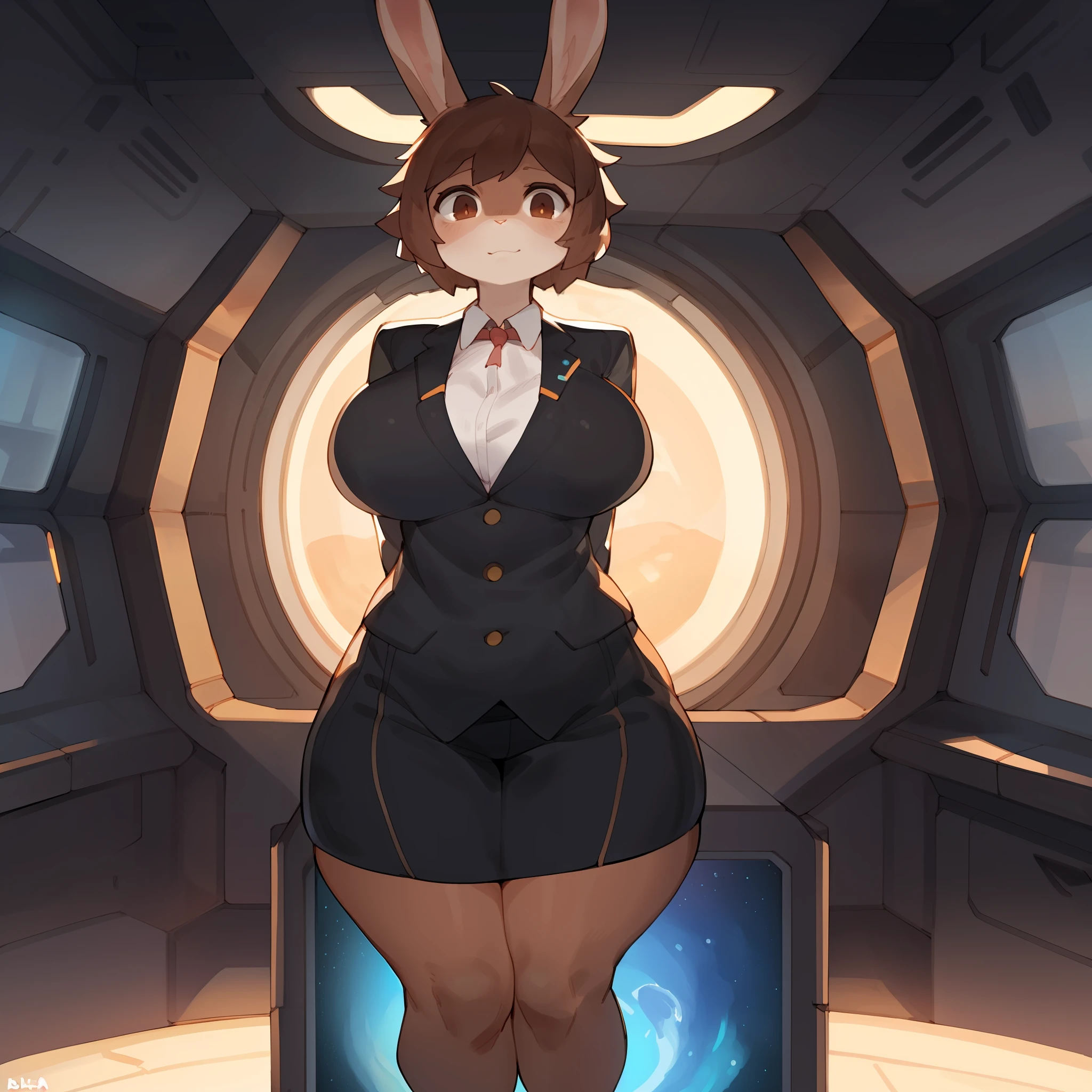 Solo, female, short, curvy, shortstack, big breasts, slightly chubby, wide hips, rabbit, brown fur, brown hair, brown eyes, wearing a tailored suit, standing, by bebebebebe, by buta99, by spikedmauler, by chelodoy, spaceship, space, window