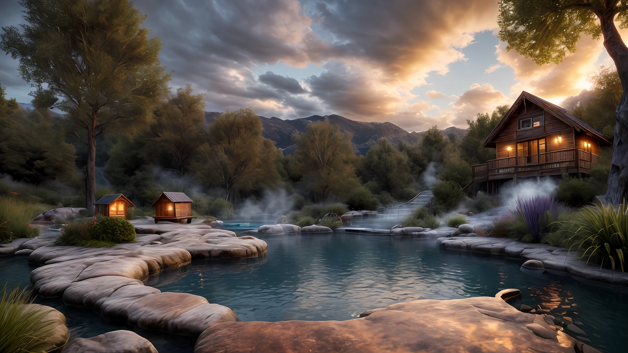 Unparalleled masterpiece, (photorealistic:1.4), best quality, beautiful lighting, (hot spring), (extremely detailed CG unity 8k wallpaper), full shot landscape photo of the most beautiful artwork in the world, cloudy sky background lush landscape house and trees illustration concept art