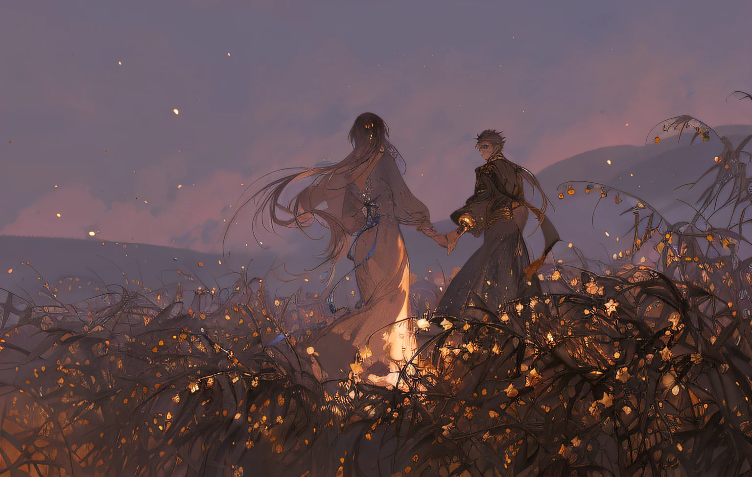 anime scene of two women walking through a field of flowers, by Yang J, rob rey and kentarõ miura, rob rey and kentarõ miura style, Guweiz e Makoto Shinkai, A beautiful artwork illustration, Beautiful depiction, zerochan art, beautiful anime scenes, author:Zhou Chen, author:Zou Zhe, Fantasy art style