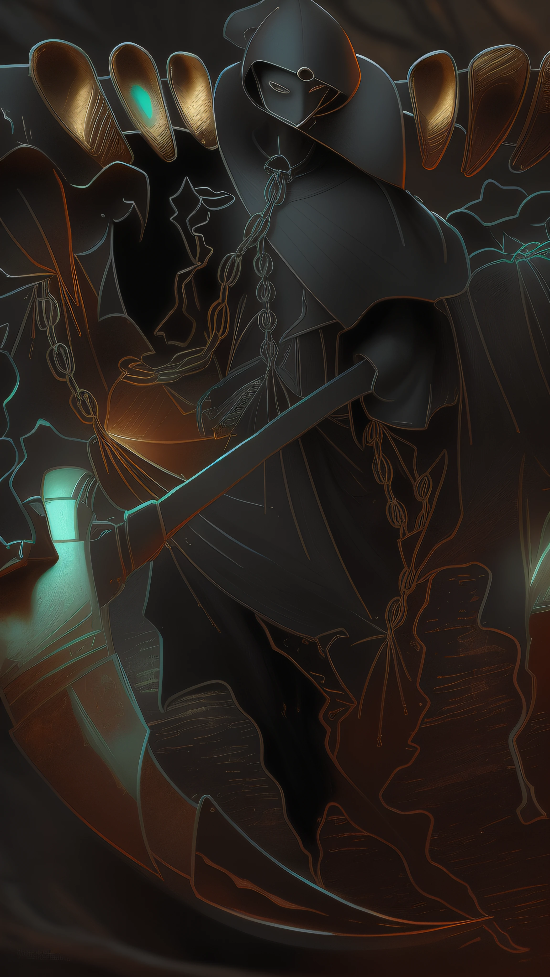there is a man in a costume holding a sword in a forest, pintado como uma arte conceitual de jogo, arte de fantasia digital 3d detalhada, manto texturizado de tecido antigo medieval, Vencedor do concurso Polycount, arte conceitual estilizada, arte conceitual sombria, arte conceitual acabada, Vencedor do concurso Artstation, cavaleiro morto-vivo, arte conceitual arcana, Epic Fantasy Digital Art Style, representation of Death, foice reluzente, 3d render, raytraced, ray-traced, flare, bokeh, NVIDIA