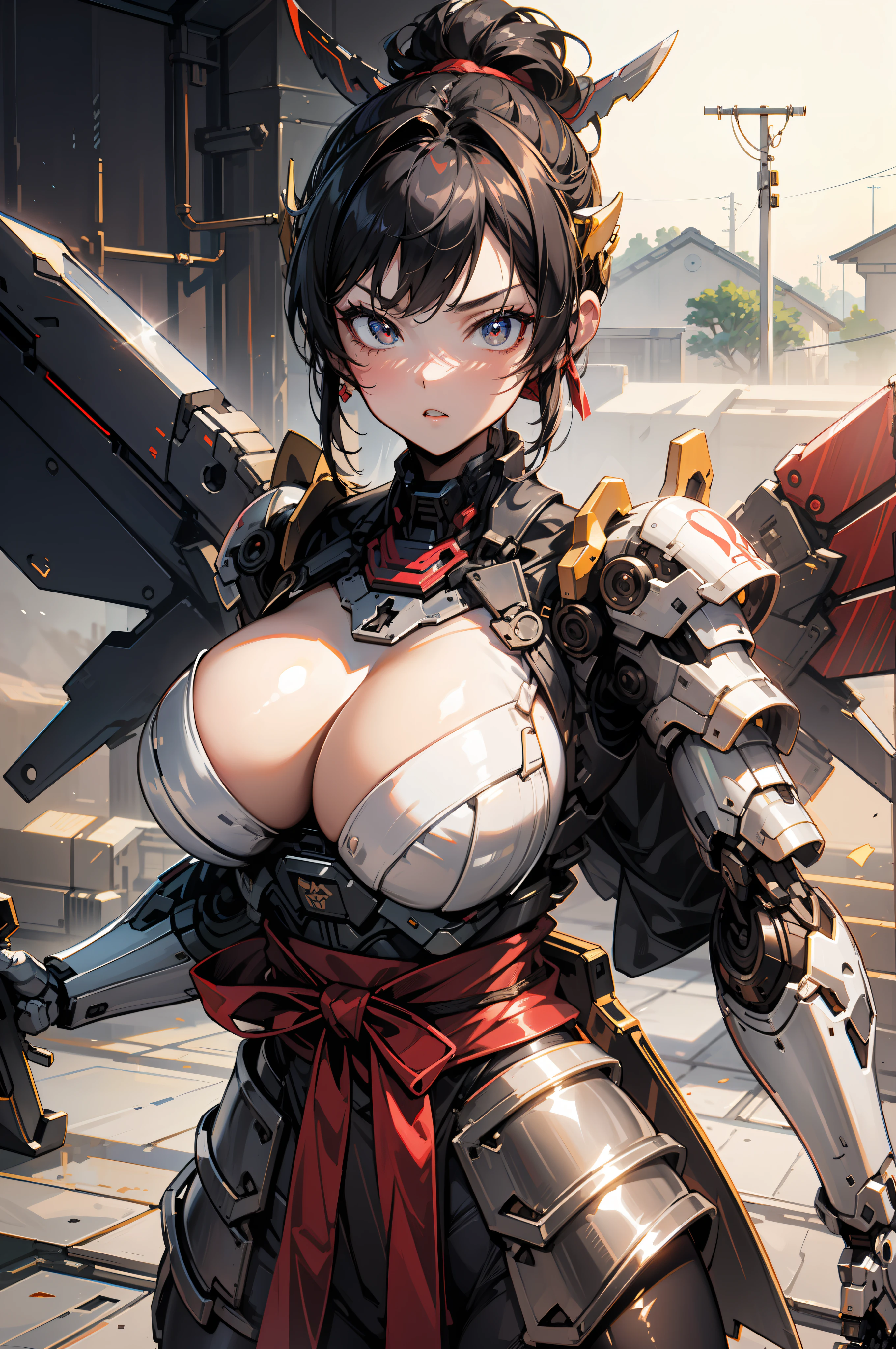 hyper quality, Hyper Detailed,Perfect drawing,Solo, Beautiful Girl, ​master piece, (mecha musume), Mechanical armor, Headgear, mechanical wings, holding huge gunSamurai wielding a sword, Black ponytail, Hair tied up with a large red ribbon, Equipped with two Japan swords ((extra huge oversize cool samurai_sword in hands, extra huge cool weapon machine)), open stance, actionpose,purgatory,