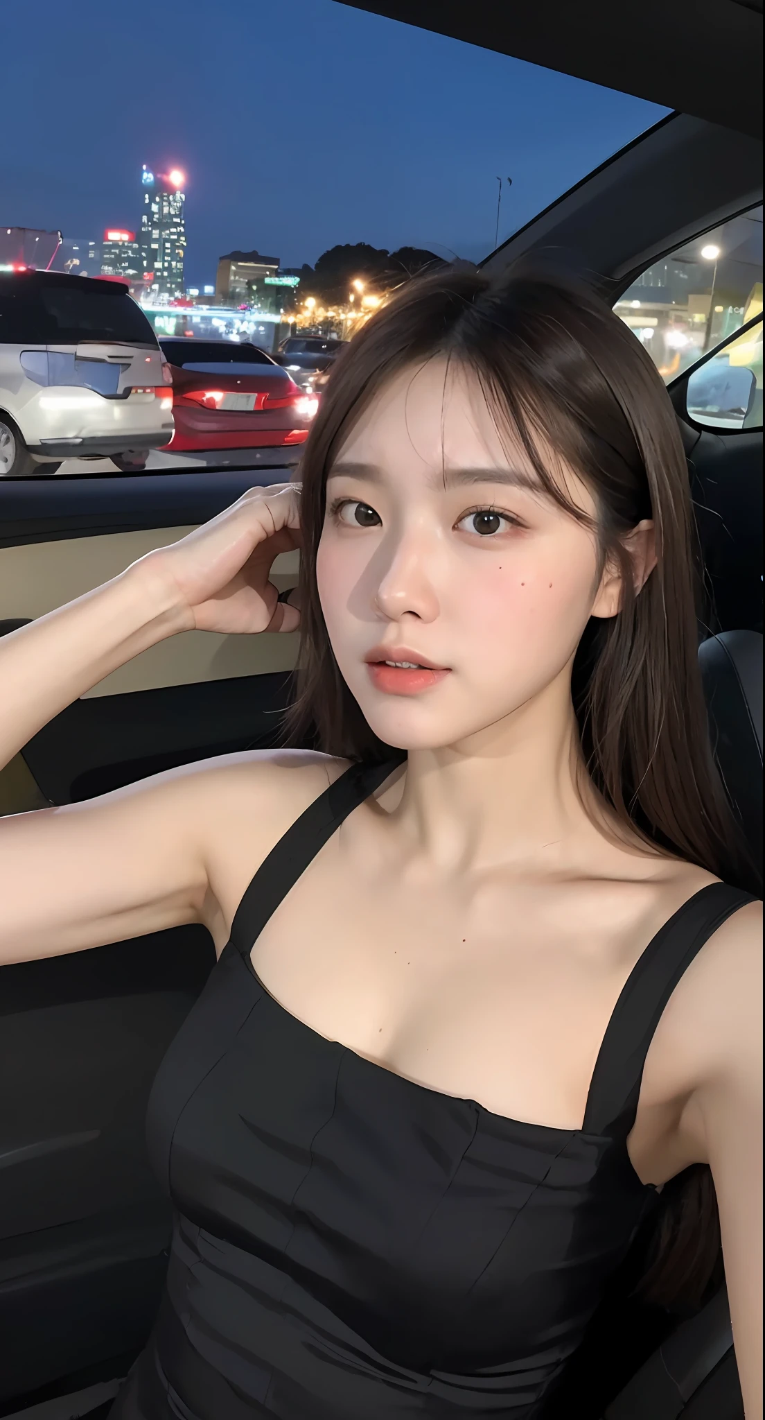 (1 Korean star of the royal sister style),((Best Quority, 8k, masterpaintings:1.3)), Focus:1.2, perfect figure beautiful woman:1.4 , (Funny expressions),(Streets at night:1.3), Highly detailed facial and skin texture, detailed eye, 二重まぶた,Whiten skin,(Air bangs:1.3),(Round face:1.5),(The thin strap top to take a selfie sitting in the car is very beautiful