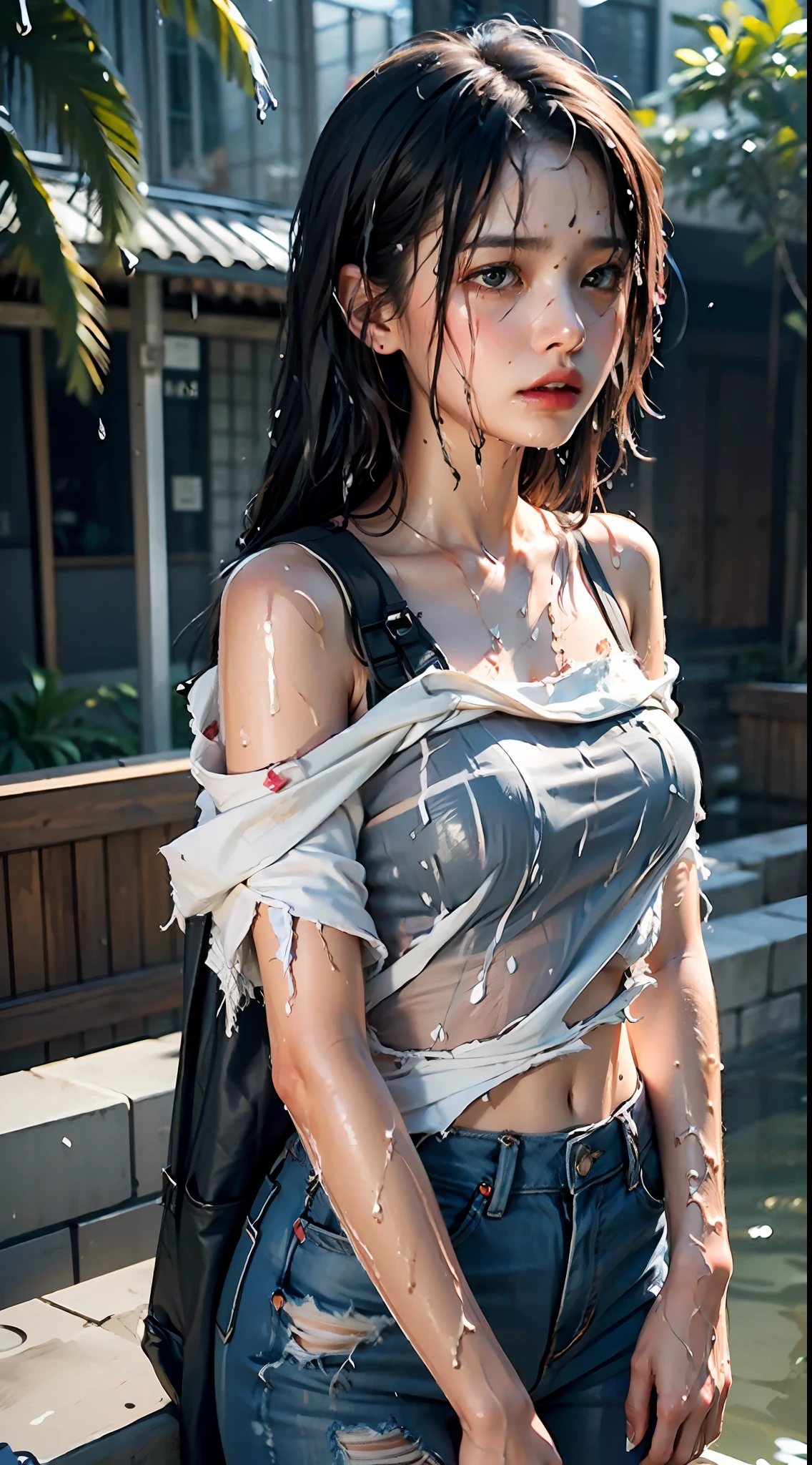 Best picture quality, masterpiece, ultra high resolution, (fidelity :1.4), photo, 1 girl,[(sadness)],white shirt, Dim, dark, desperate, pitying, pitiful, cinematic,tear,teardrop,(Torn clothes:1.5), (Wet clothes:1.4), bare shoulders,Real rain,wet hair,..