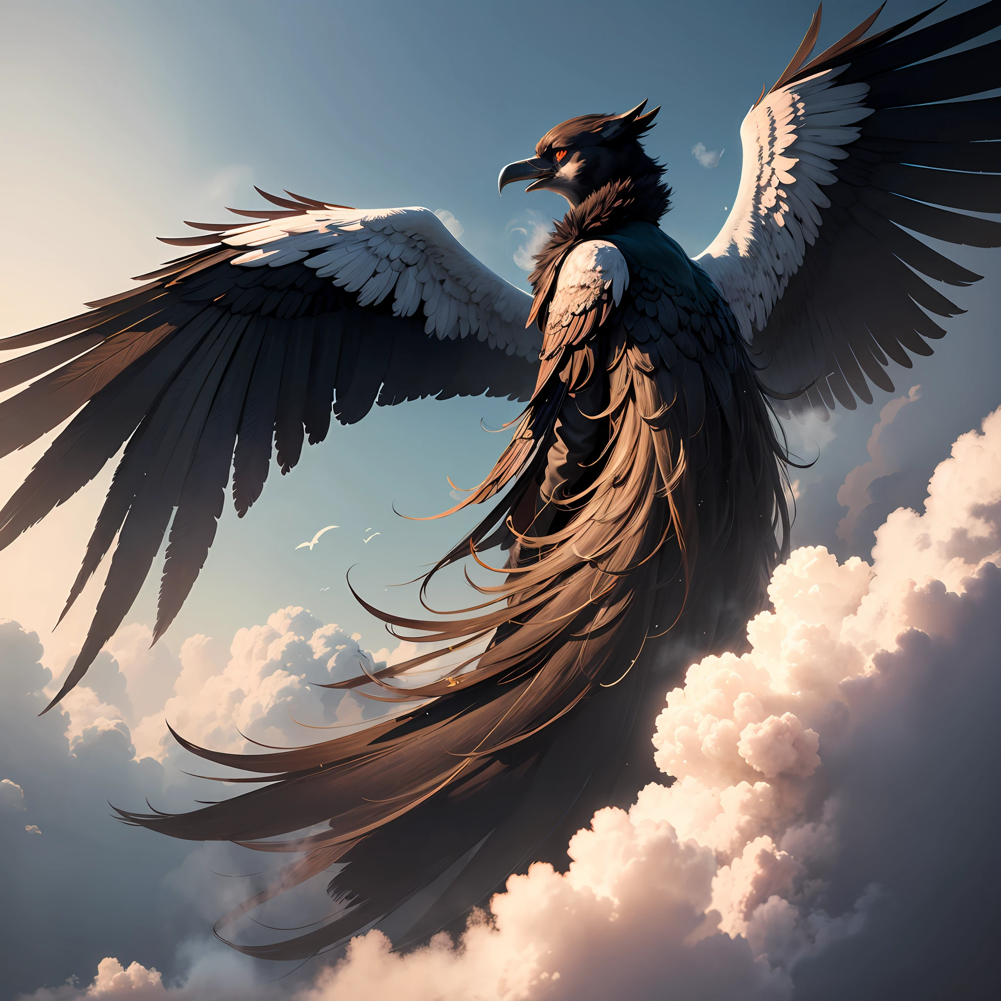 The male has black wings in a black coat with steam around it..