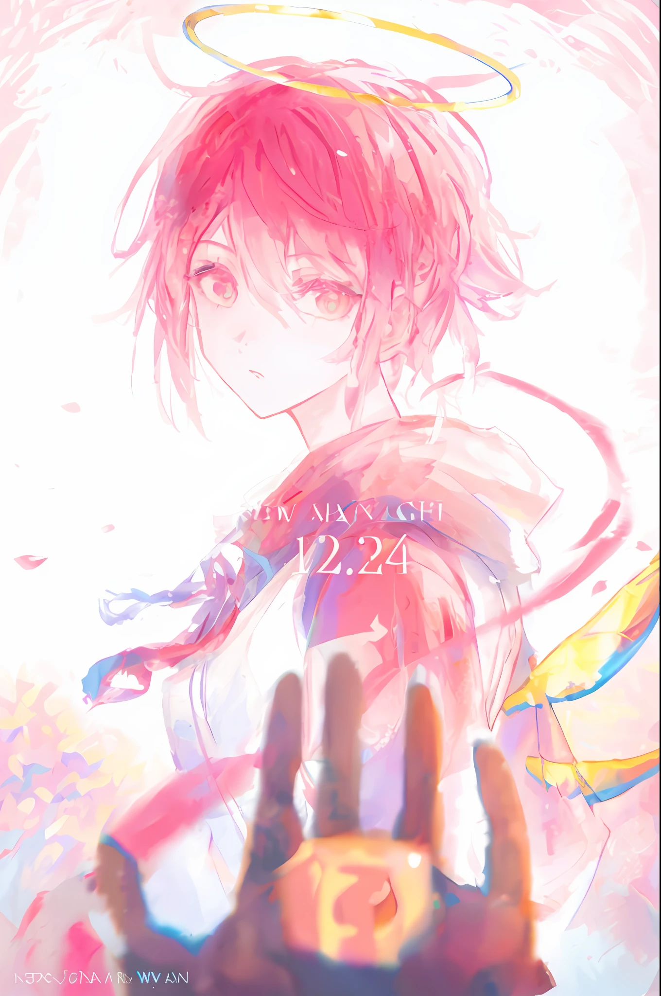 anime girl with angel wings and halo holding a cell phone, An angel, author：Love light, author：New Art, young wan angel, with index finger, The angel, An anime cover, Digital art on Pixiv, ( ( ( yoshinari yoh ) ) ), anime land of the lustrous, official fanart, 🪔 🎨;🌞🌄