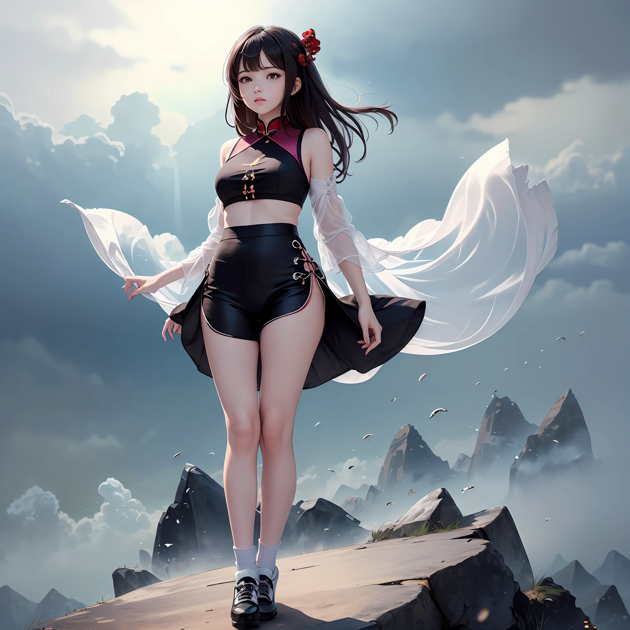 Black brown hair，A high resolution，1girll，de pele branca，tmasterpiece，Red eyes，Plum pupils，length hair，teens girl，flatchest，lively and cute，China-style，Black tops，Taoist culture，Wide cuffs，Short black pants，bigwhitelegs，long white socks，Black shoes，Overlooking --auto