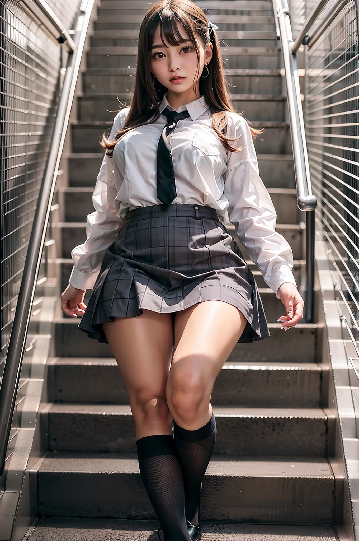 best qarity , High accuracy , Perfect Lighting , RAW phenomenon , Beautiful skin , POV ,1 Japan Beautiful girl、Shinei High School Uniform（White blouse、Check skirt）、Obscene big breasts、Obscene legs、Pants visible from between the crotches、Raw feet、detailed face with、Descending the stairs