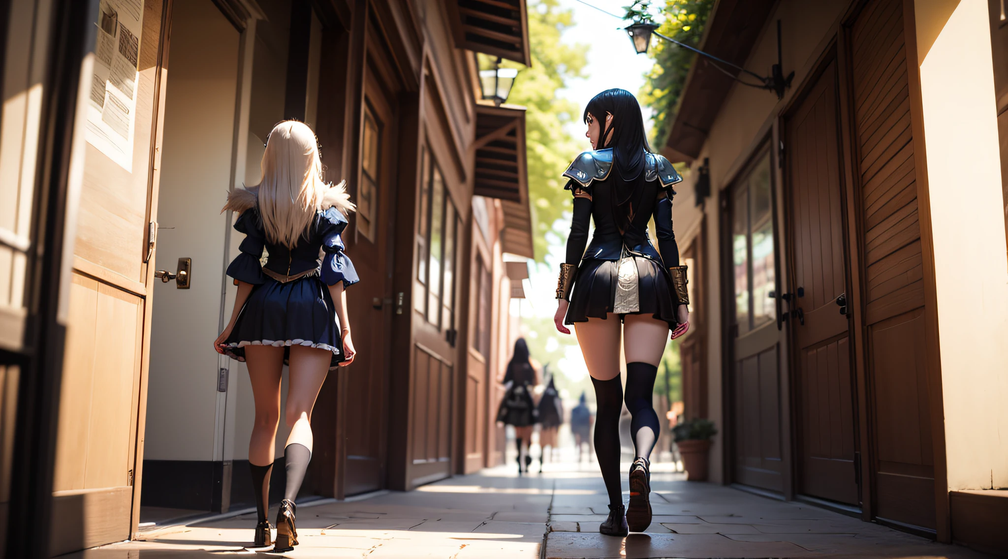 photo from behind of fantasy cosplay girls facing back: 2.0 (full body: 3.0) walking inside forrest bokeh