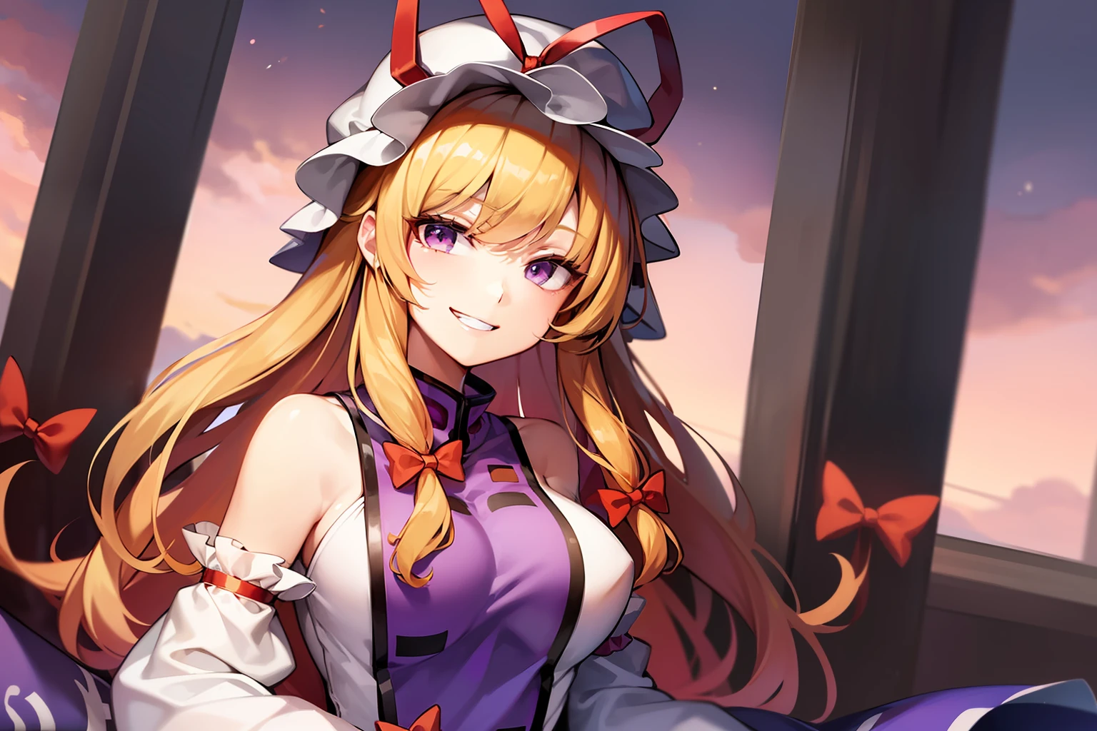 Yakumo yukari_(Touhou), tabard，grinning evily