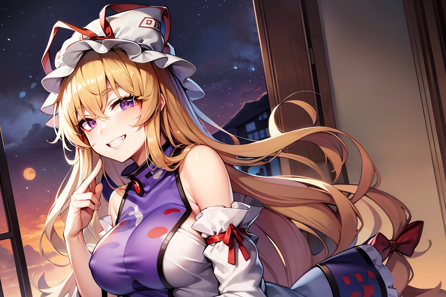 Yakumo yukari_(Touhou), tabard，grinning evily