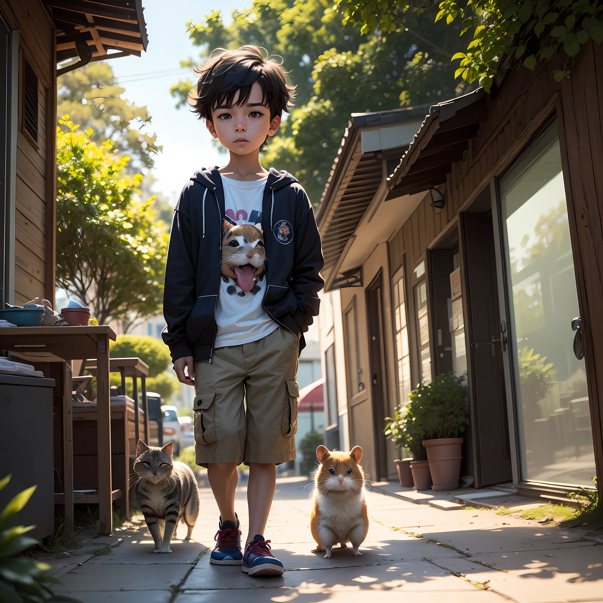 "Anime, de 10 anos com cabelo curto e seus animais -um cachorro, um hamster e um gato- em casa, na rua e na floresta. With an emphasis on exploration and adventure. " --auto