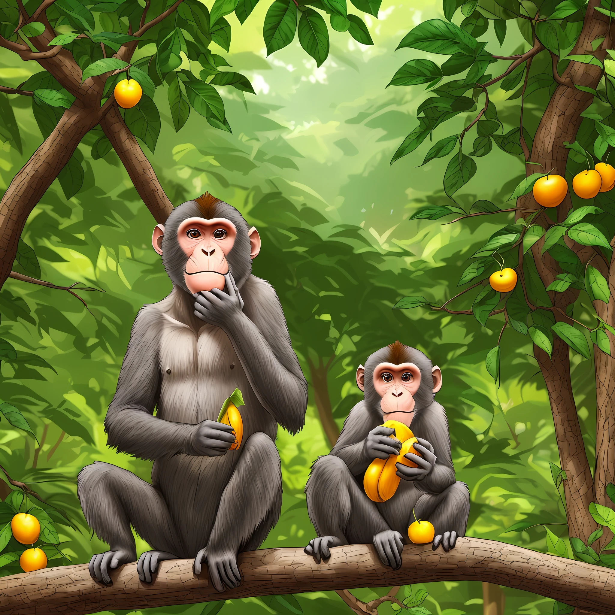 A monkey, eating fruits,in forest, cartoon style --auto