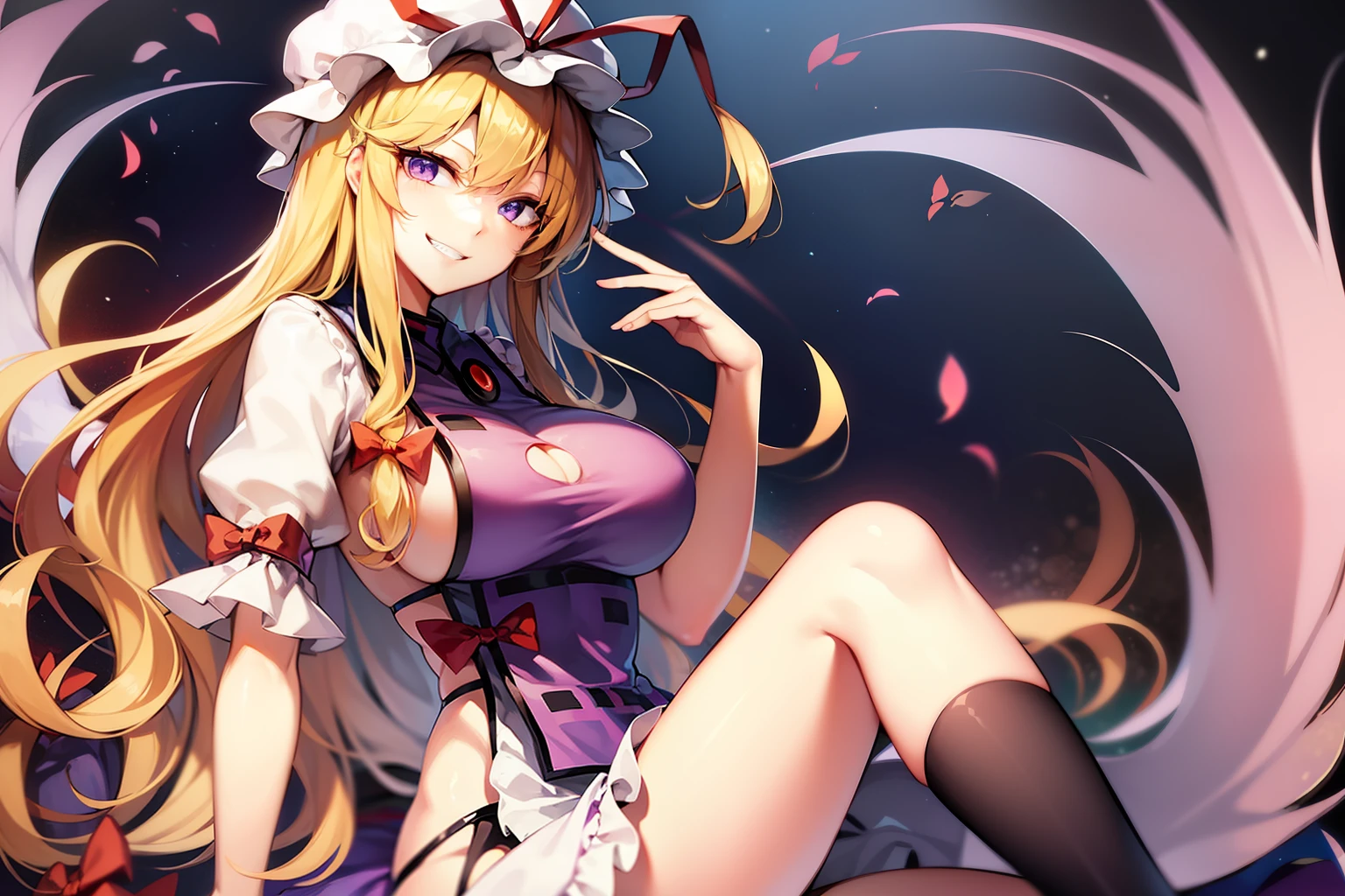 Yakumo yukari_(Touhou), tabard，grinning evily