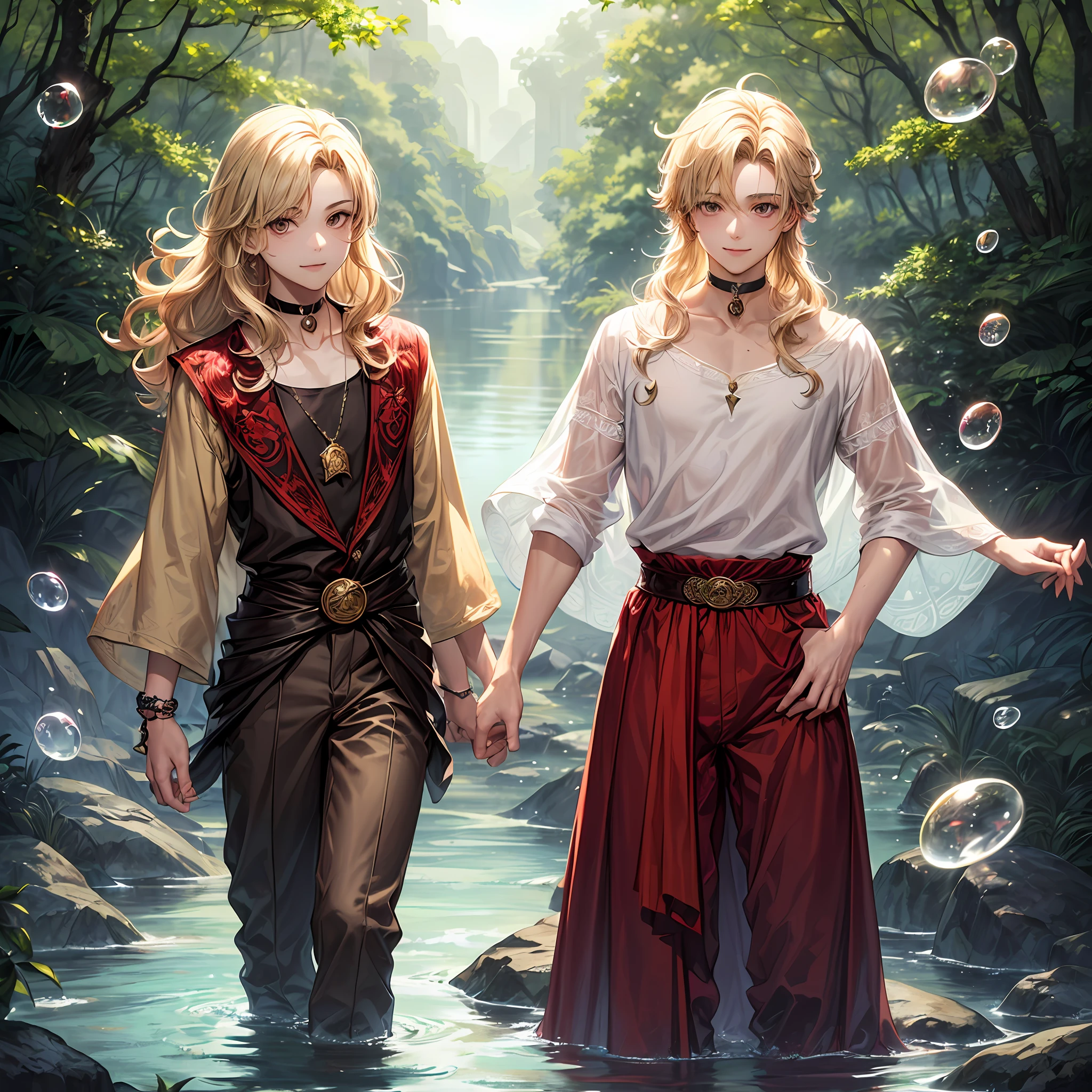 ((young man)), ((teenage boy)), (((one person))), single, solo, (slim body), (((flat chest))), slender body, slim waist, ((pale skin)), (((very light blonde hair))), (((very poofy hair))), ((very fluffy hair)), wavy hair, (long hair), ((full hair)), (((the boy has dark brown colored eyes))), cute face, ((fantasy style)), (((brown choker))), smiling, big eyes, (((male))), guy, (((boy))), (((wearing fantasy style clothes))), (patterns on the clothes), magic, magical, ((brown colored clothes)), embroidery on clothes, ((red colored crystal on the choker)). (river in the background), (forest in the background), ((daytime)), soft light falling through the trees, ((water bubbles floating in the air)), rocks in the water, a few butterflies in the background