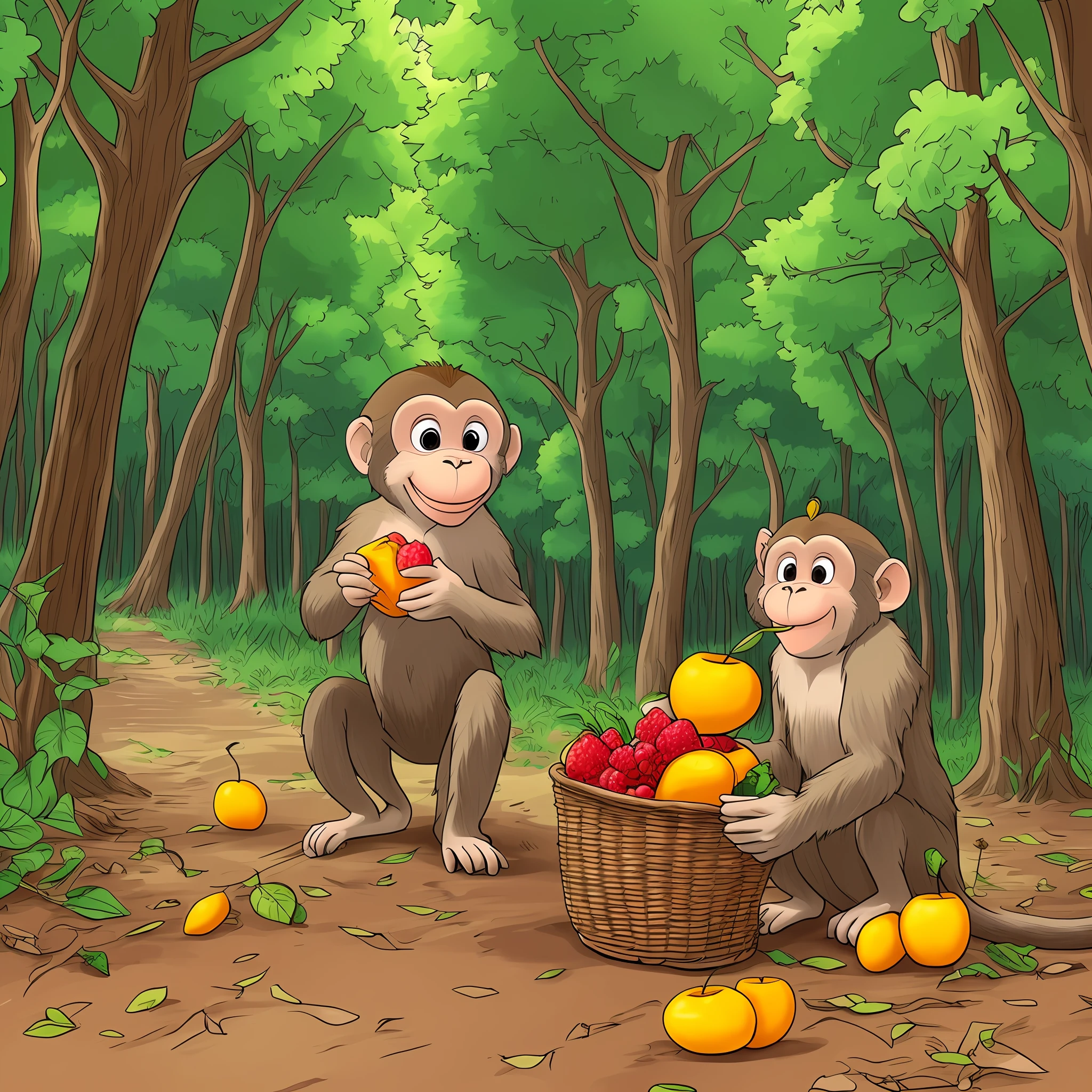 A monkey, eating fruits,in forest, cartoon style --auto