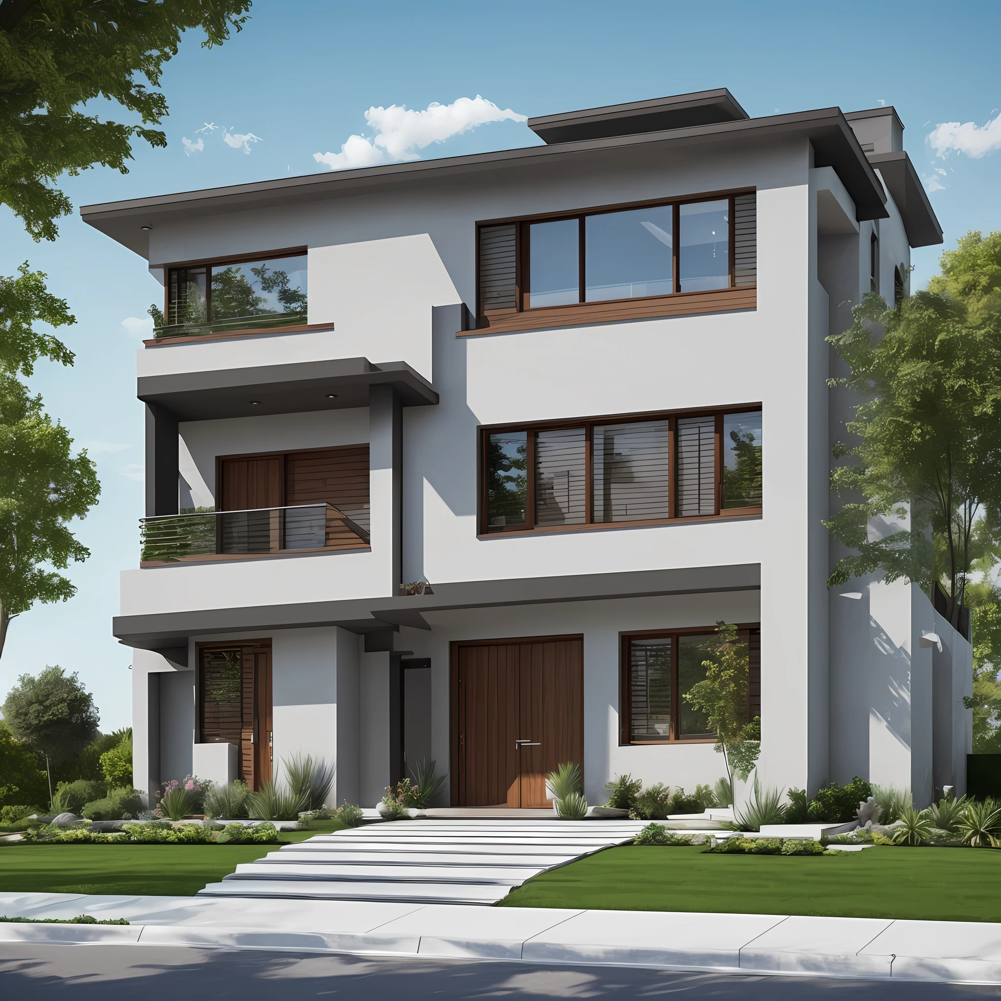 The house's frontage is 4.5m, there is a slope for cars to go up, stone steps, stone columns on both sides, beautiful, modern iron doors, 8k, masterpiece,ultra realistic,32k,extremely detailed CG unity 8k wallpaper, best quality --auto