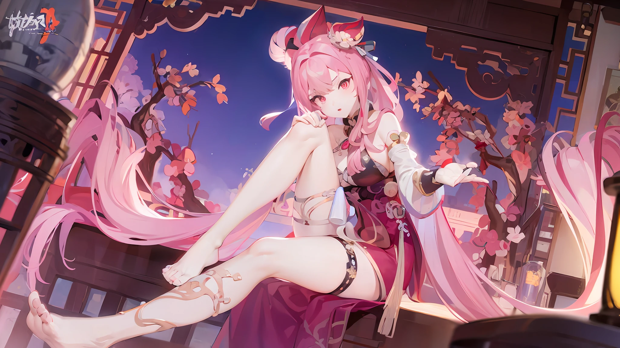 anime girl in a pink dress sitting on a balcony with a pink curtain, A scene from the《Wei Bang Ji III》videogame, Best anime 4k konachan wallpaper, Keqing from Genshin Impact, 《Honkai III》role, Ayaka Genshin impact, trending on cgstation, zhongli from genshin impact