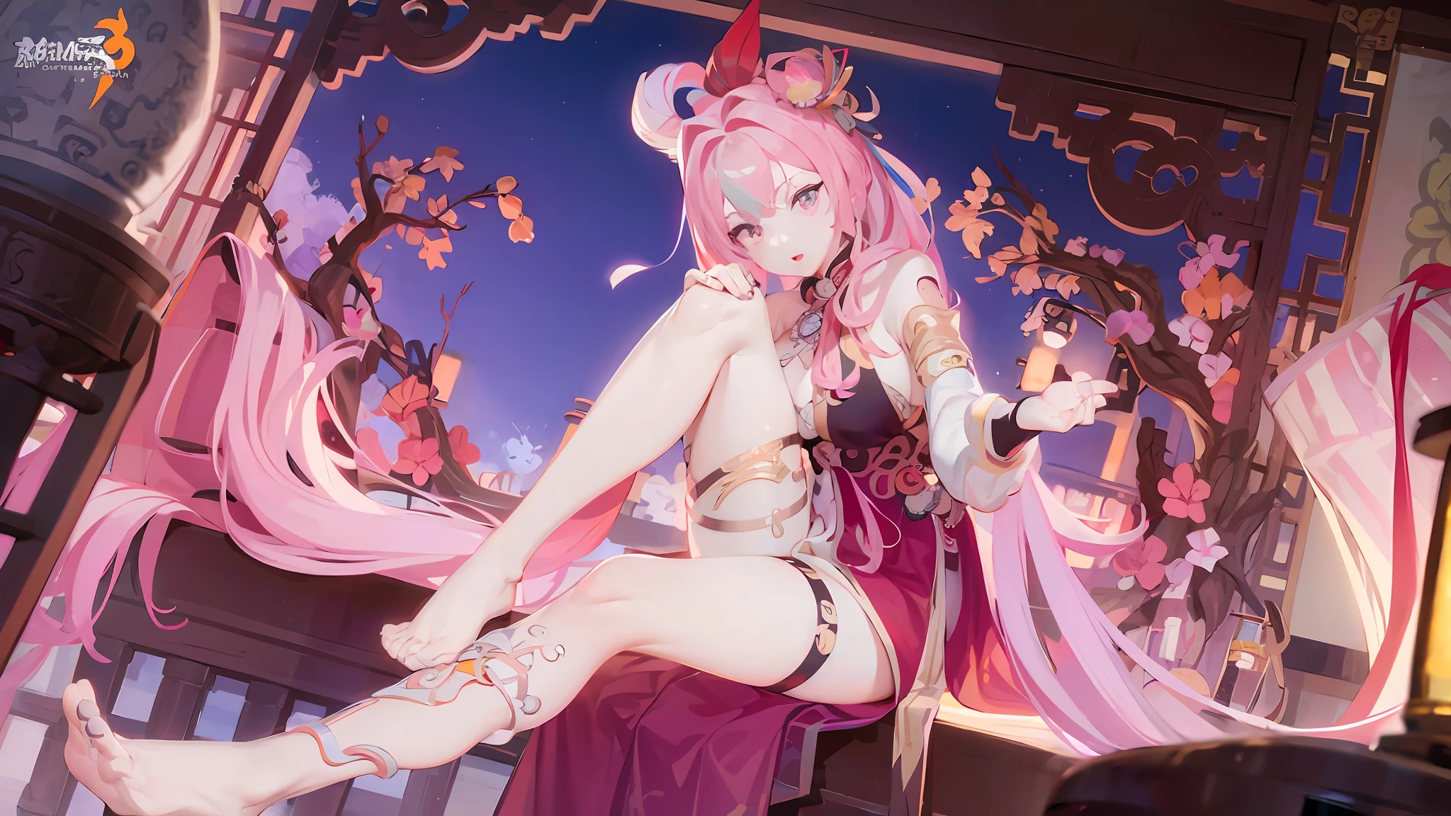 anime girl in a pink dress sitting on a balcony with a pink curtain, A scene from the《Wei Bang Ji III》videogame, Best anime 4k konachan wallpaper, Keqing from Genshin Impact, 《Honkai III》role, Ayaka Genshin impact, trending on cgstation, zhongli from genshin impact