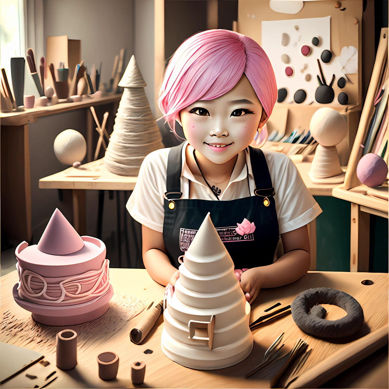 Company Name : MOCHI ( art and craft studio ). background: company logo and name, logo design colour is black,red and white. model: beautiful girl with smile and cute face, pink hair. location: sculpture studio. she made the cute cat sculpture with the sculpture tools . studio decoration : clay , art brush, cast tube,cylinder,cone, spere,triangle tube. model girl is like the real human face.