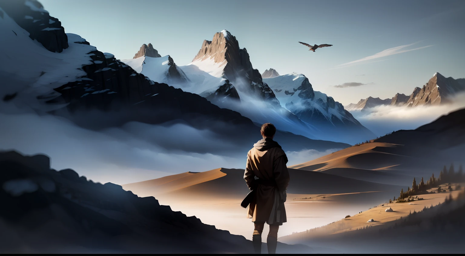 Man in clothes from biblical times with a mountain in the background and angels in heaven