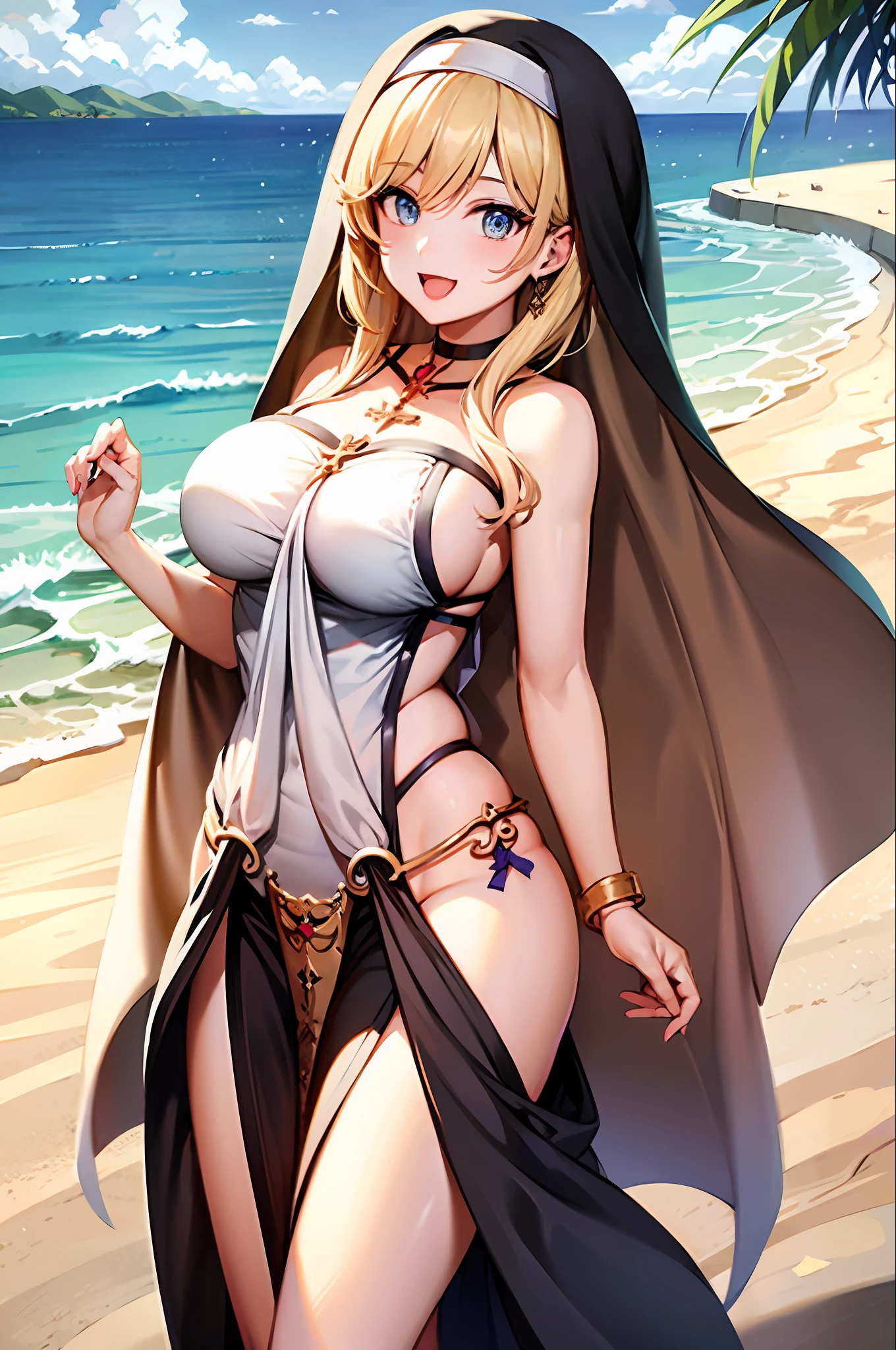 Blonde Anime woman happy on a beach, dresed like a nun, revealing clothing