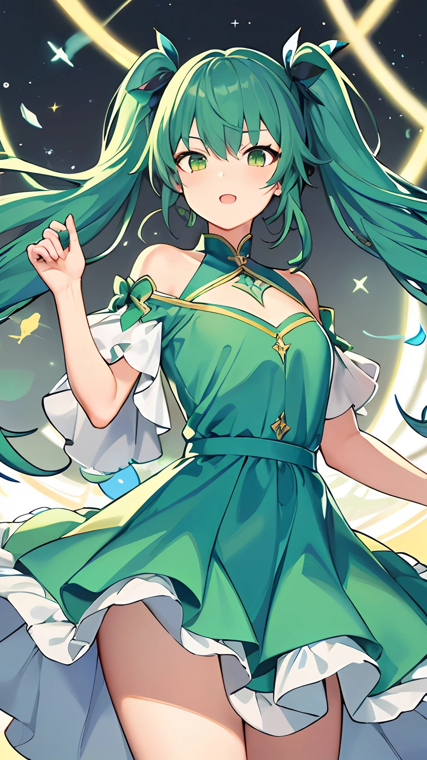 (((masterpiece))),(((bestquality))),((ultra-detailed)),(illustration),((anextremelydelicateandbeautiful)),dynamicangle,floating,(beautifuldetailedeyes),(detailedlight) (1girl), solo , floating_hair,glowingeyes,green hair,greeneyes, twintails, halterdress, atdan, 绿色背景,