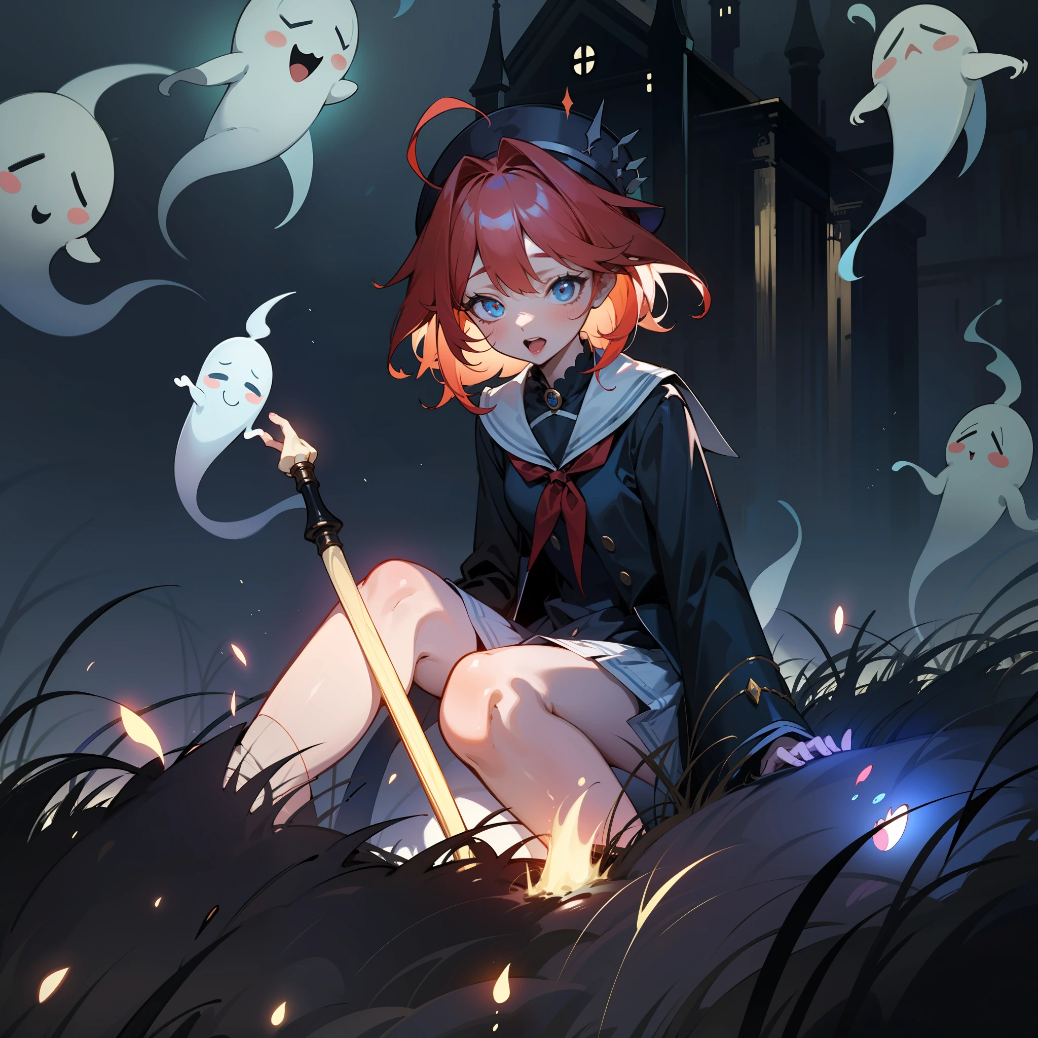 masterpiece, best quality, schoolgirl exploring a haunted theme park, 1girl, red hair, haunted by cute chibi ghosts, cute, whimsical, glow, glowing, fog on the ground, dark atmosphere, fun, silly, mystical, magical, arcane, funny, amusing,8k,16k