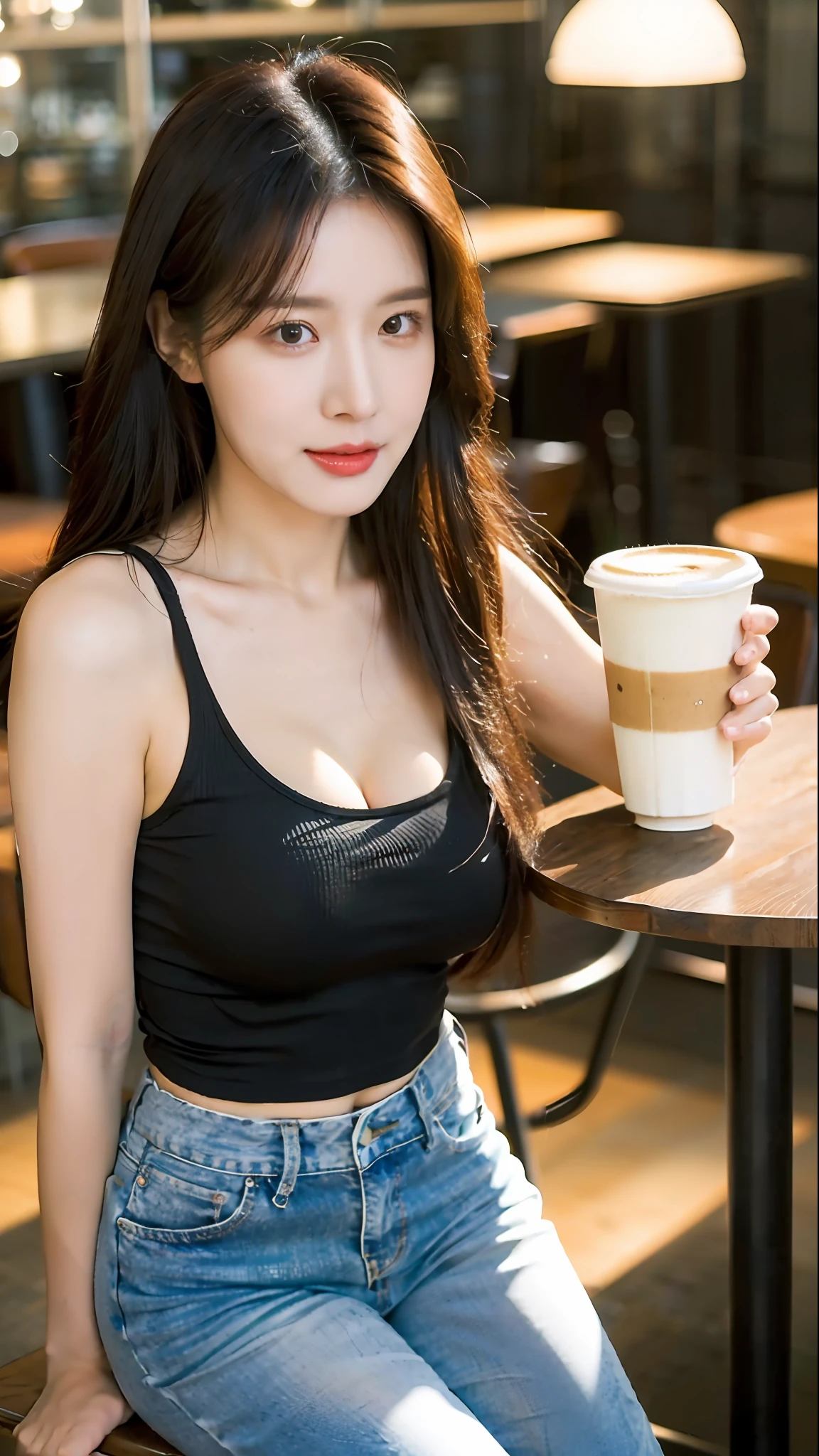 (realistic, high resolution:1.3), 1 girl with perfect figure, super fine face and eyes, long hair, tank top: 1.2 in random colors, short jeans, in a café, coffee on the table, big breasts, exposed cleavage