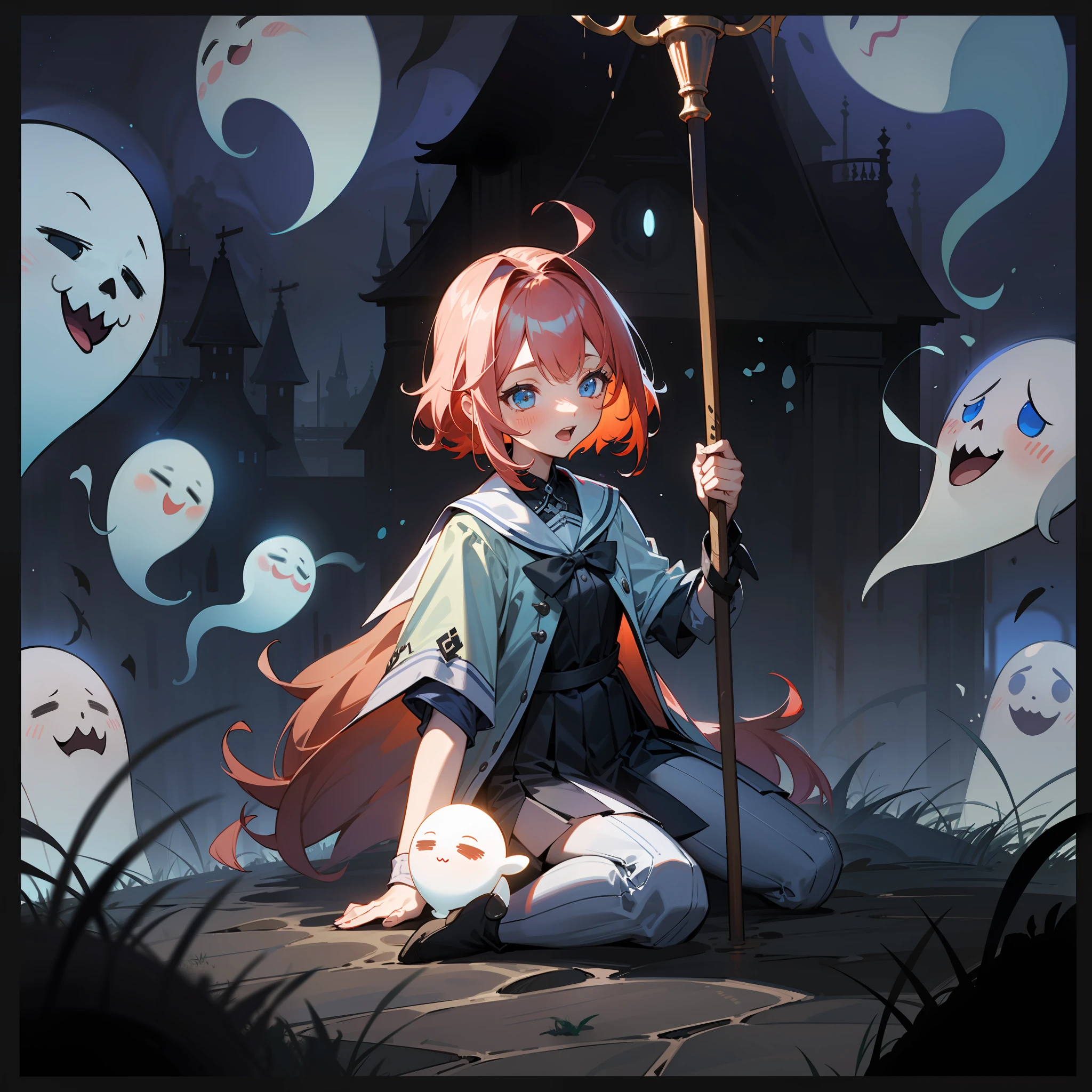 masterpiece, best quality, schoolgirl exploring a haunted theme park, 1girl, red hair, haunted by cute chibi ghosts, cute, whimsical, glow, glowing, fog on the ground, dark atmosphere, fun, silly, mystical, magical, arcane, funny, amusing,8k,16k