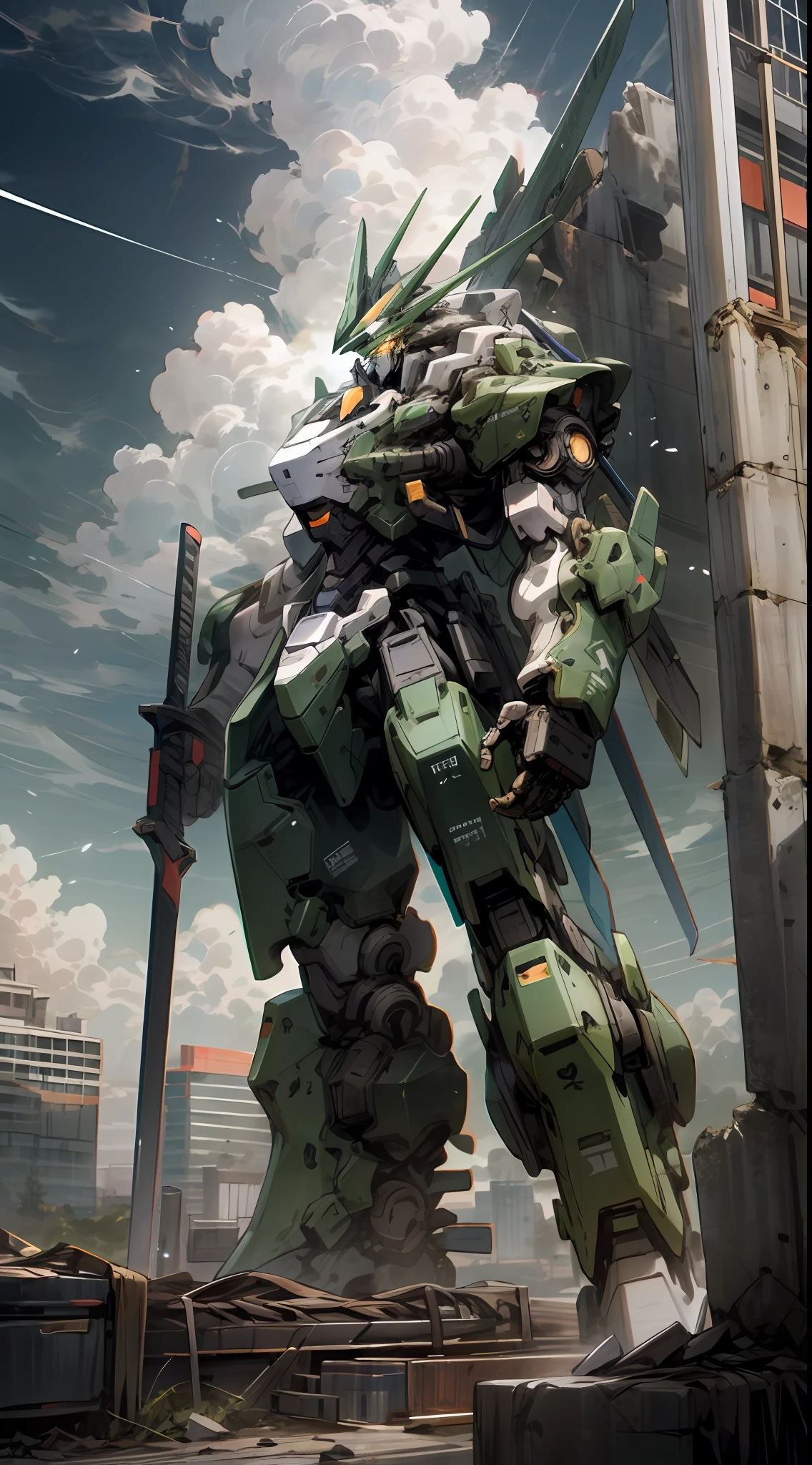 sky, clouds, holding_weapon, no_humans, glowing, a man standing on top of a building, his back to the viewer, looking into the distance, giant robot, building, ruins, glowing_eyes, mecha, science fiction, city, reality, mecha