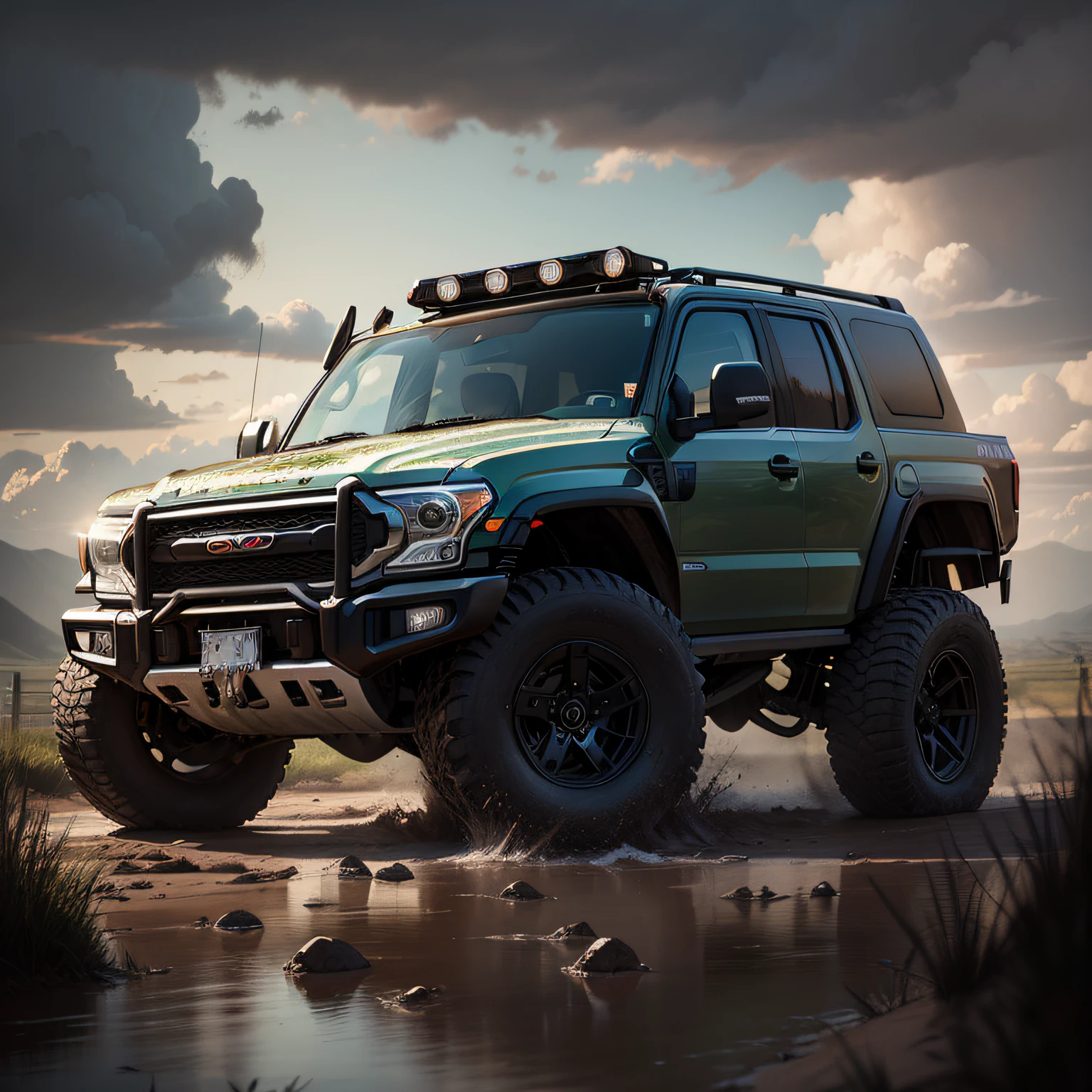 You are now a designer，Design a car，at full size，Black appearance，off road tires，Side-opening tailgate，A spare tire is hung on the tailgate，Muddy road scene