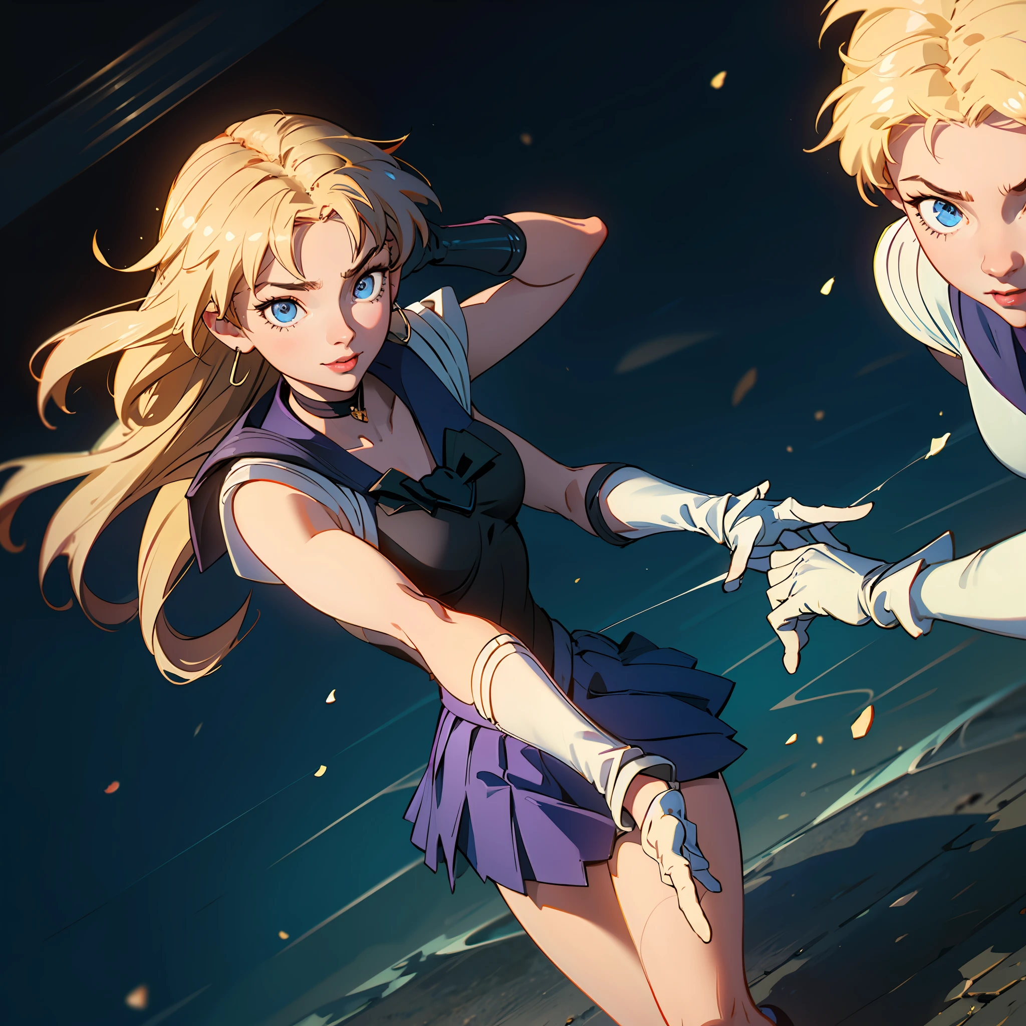 (Extreme detail CG Unity 8K wallpaper, masterpiece, highest quality), (exquisite lighting and shadow, highly dramatic picture, cinematic lens effect), (Sailor Moon: 1.1), charming smile, double tail, blue eyes, blond hair, tight top, white gloves, mini skirt, dynamic pose), the background is the universe (excellent detail, excellent lighting, wide angle), (excellent rendering, enough to stand out in its class), --auto