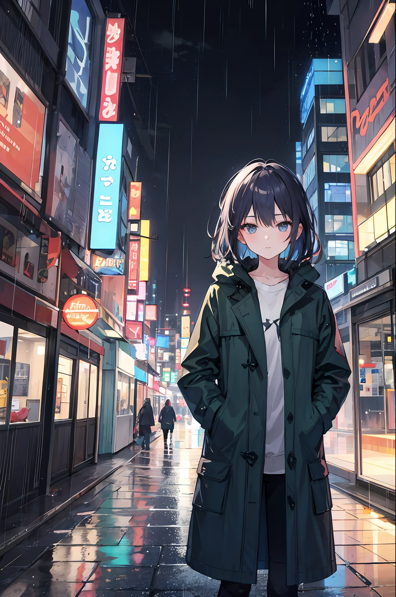 1girl, Night City, rain, coat, hands in pockets