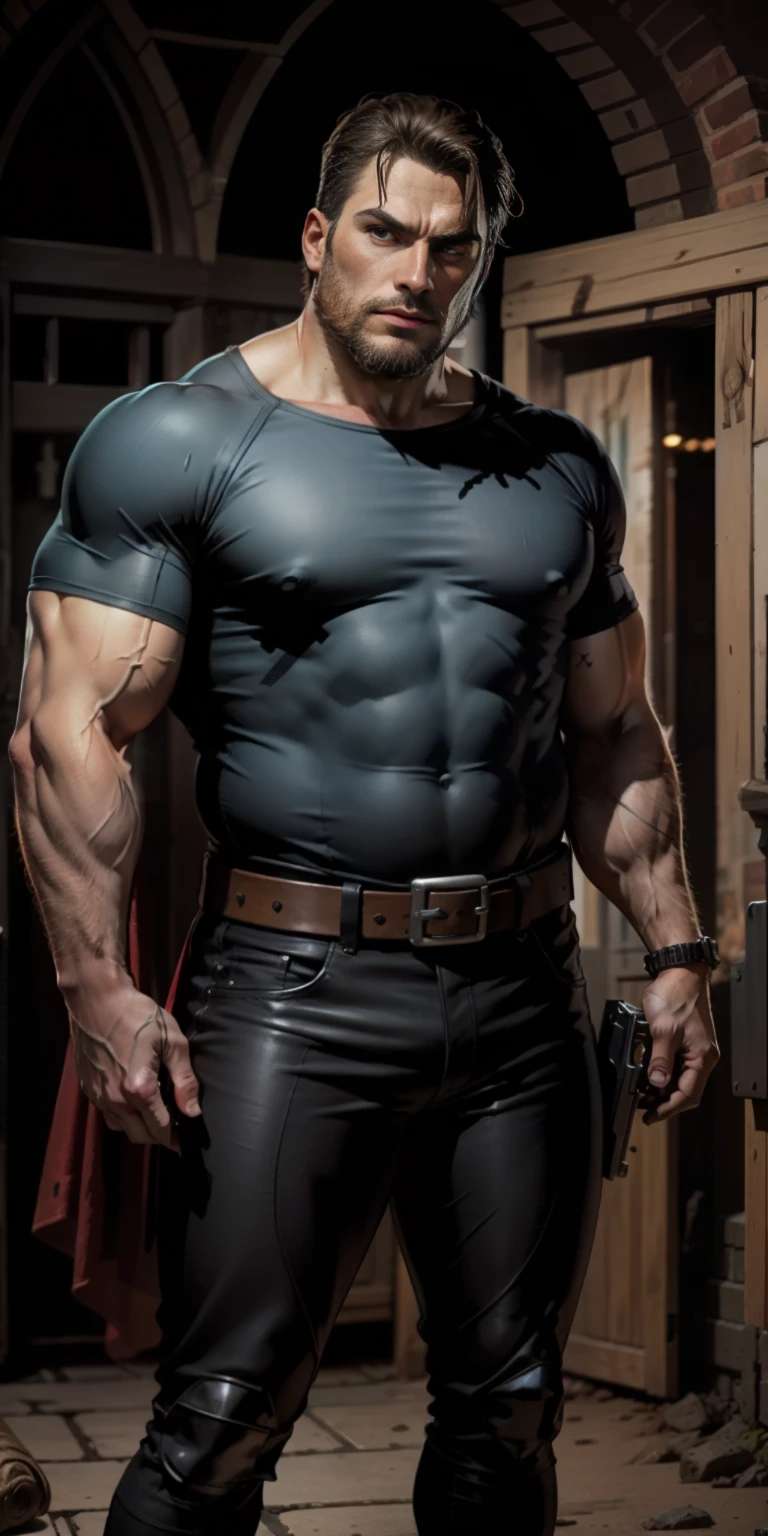 "Obra-prima de arte completa, alta qualidade, ultra detalhado em 4k, 8k, [christopher reeve Brock Edward Lesnar] Justiceiro Marvel comics, alta resolução, Cartaz de cinema, Solo, homem alto forte, Wide neck, tall trapezoids, homem grande, cabelos curtos, cara de bravo, mau, homem grande, alto, (((Musculoso))), camiseta preta, black leather pants, cinto militar, Armado com pistola. fundo simples