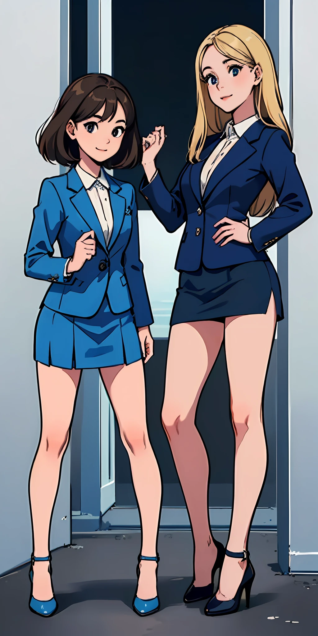 ((Masterpiece, highres)), 2girls, duo, twins, ((one brown haired girl, one blonde girl)), long hair, curly hair, matching hairstyles, different hair color, confident, elegant, proud smiles, (((matching outfits, identical outfits, blue skirt suits, sexy skirt suits, blue blazer, blue short skirt, black high heels)))