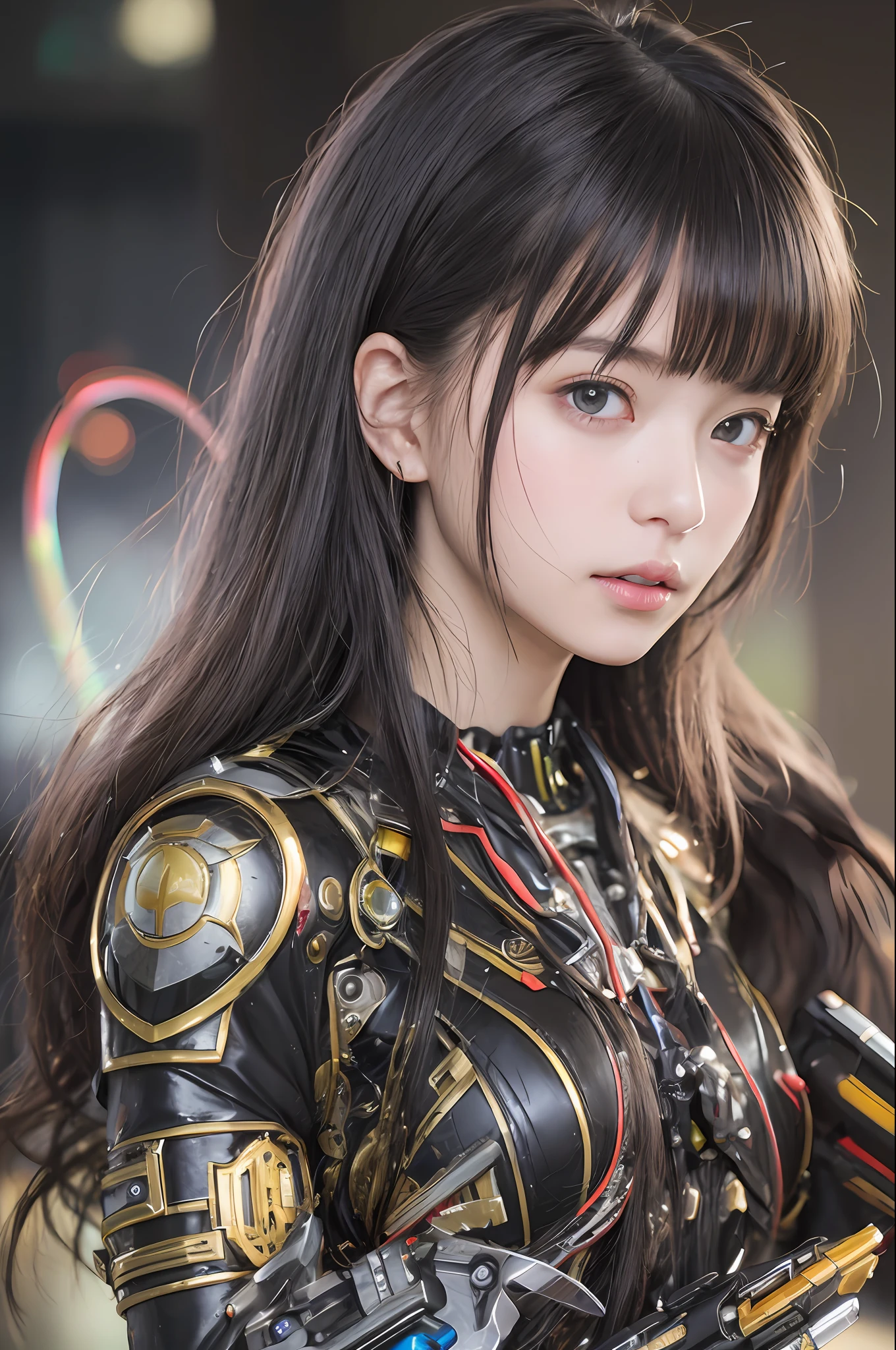 beste-Qualit、masterpiece、The ultra-Highres、(Hphotorealistic:1.4)、Raw photo、1人、Black hair、glowy skin、1 Sexy Mechanical Girl、((Ultra Realistic Detail))、portlate、globalillumination、Shadow、octan render、8K、ultrasharp、hugetits、Raw skin is exposed in cleavage、metals、Details of complex ornaments、Gothloli details、highly intricate detail、Realistic light、CGSoation Trends、purple-eyed、radiant eyes、Facing the camera、neon details、Mechanical limbs、blood vessels connected to tubes、Mechanical vertebrae attached to the back、mechanical cervical attaching to neck、sitting on、Wires and cables connecting to the head、Gundam、Small LED lamp、