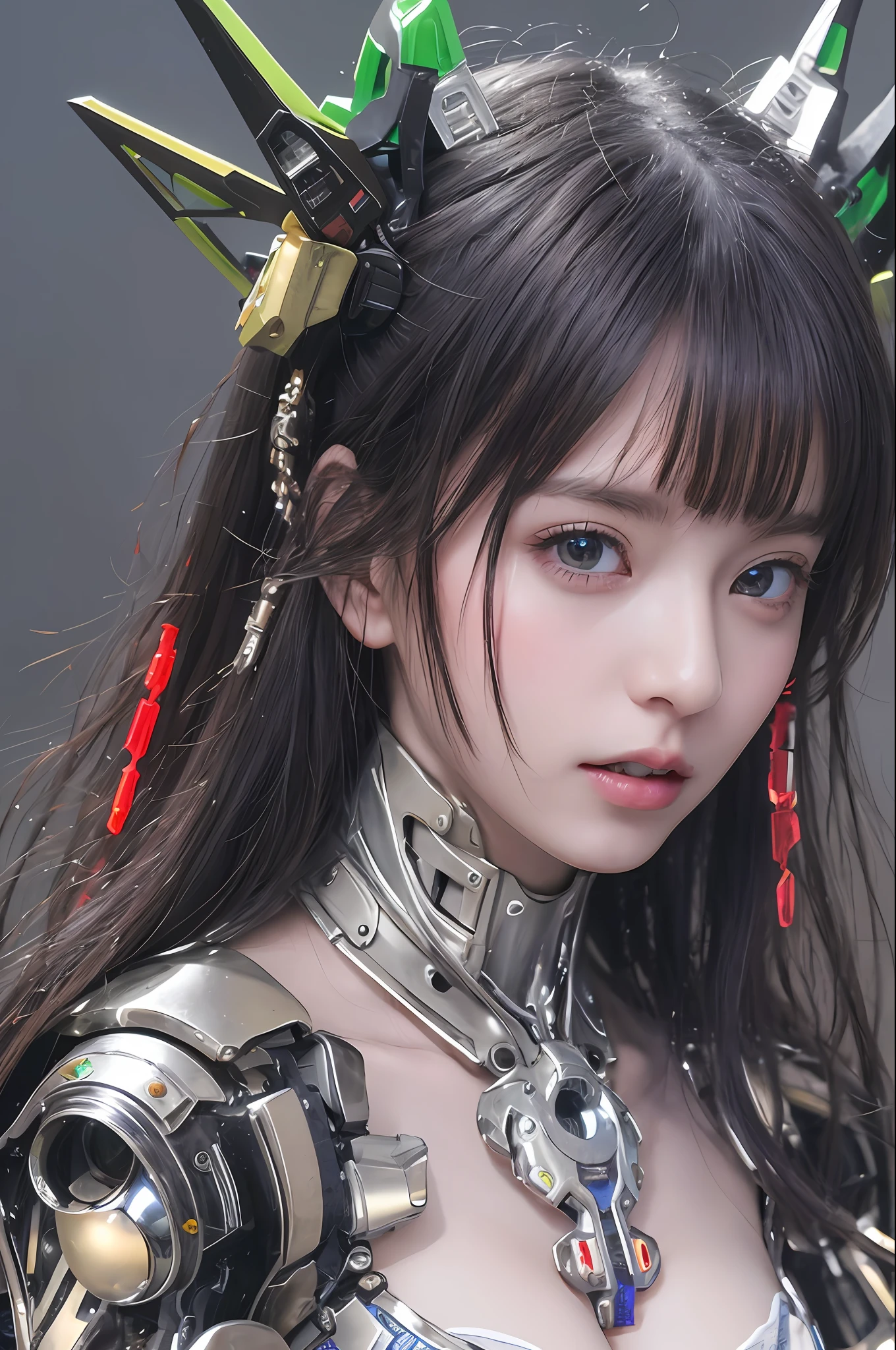 beste-Qualit、​masterpiece、The ultra-Highres、(Hphotorealistic:1.4)、Raw photo、女の子1人、Black hair、glowy skin、1 Sexy Mechanical Girl、((Ultra Realistic Detail))、portlate、globalillumination、Shadow、octan render、8K、ultrasharp、hugetits、Raw skin is exposed in cleavage、metals、Details of complex ornaments、Gothloli details、highly intricate detail、Realistic light、CGSoation Trends、purple-eyed、radiant eyes、Facing the camera、neon details、Mechanical limbs、blood vessels connected to tubes、Mechanical vertebrae attached to the back、mechanical cervical attaching to neck、sitting on、Wires and cables connecting to the head、Gundam、Small LED lamp、